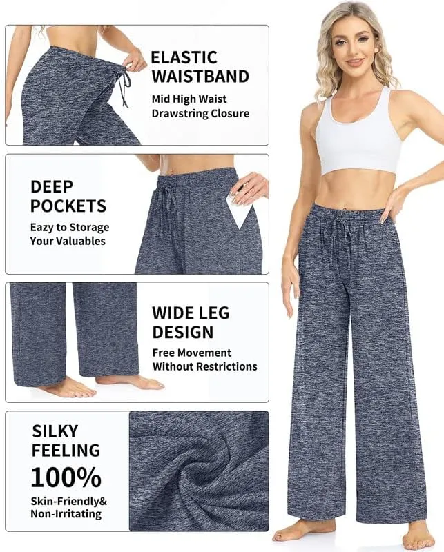 TARSE Wide Leg Yoga Pants for Women Plus Size Palazzo Trousers High Waist Lounge Pajamas Pants Casual Sweatpants with Pockets