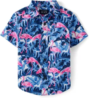 The Children's Place,Baby Boys,and Toddler Poplin Short Sleeve Button Down Shirt,Tidal Flamingo,2 Years