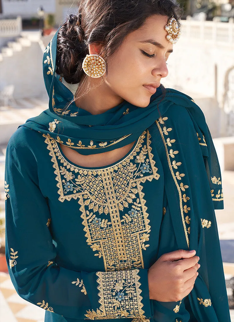Turquoise Golden Embroidered Gharara Palazzo Suit