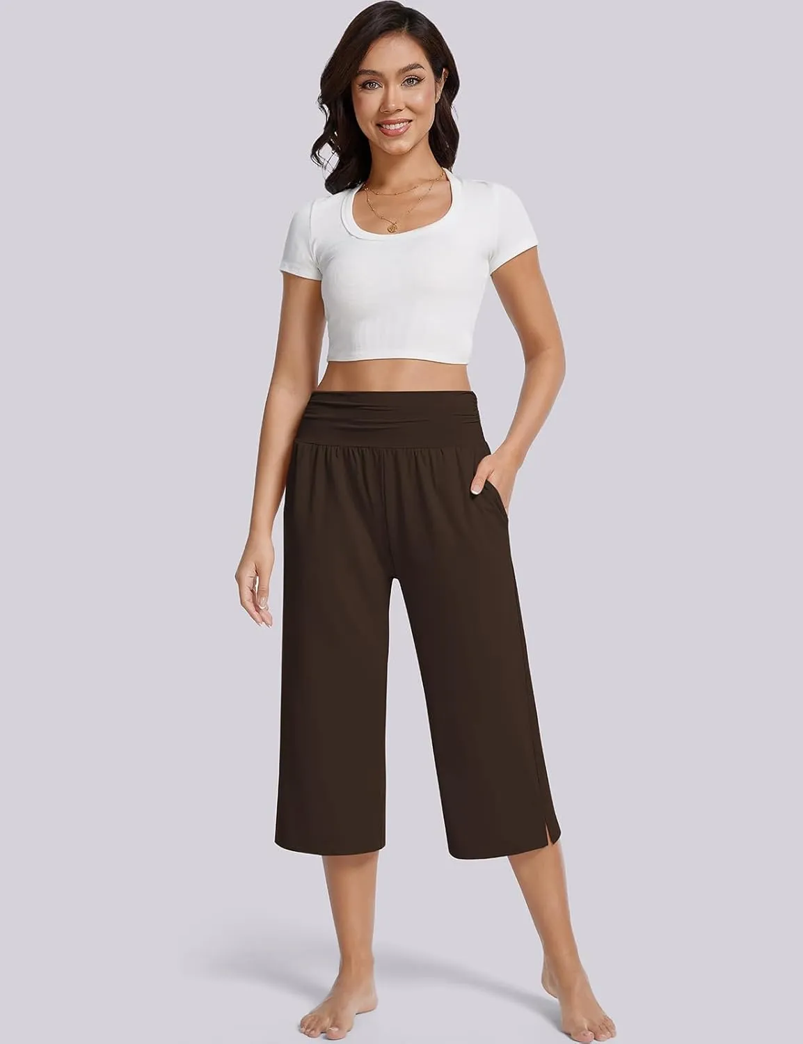 UEU Women's Summer Capris Yoga Pants for Women High Waisted Casual Wide Leg Loose Soft Pajamas with Pockets