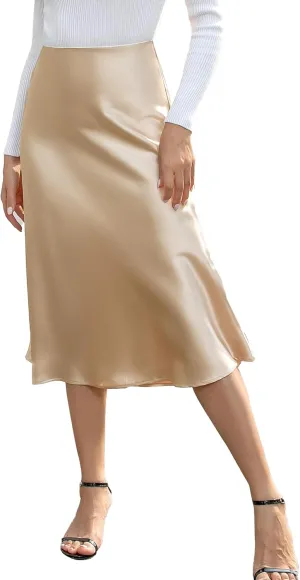 We1Fit Women's High Waisted Satin Skirt Elegant A-Line Cocktail Party Wedding Silk Skirts