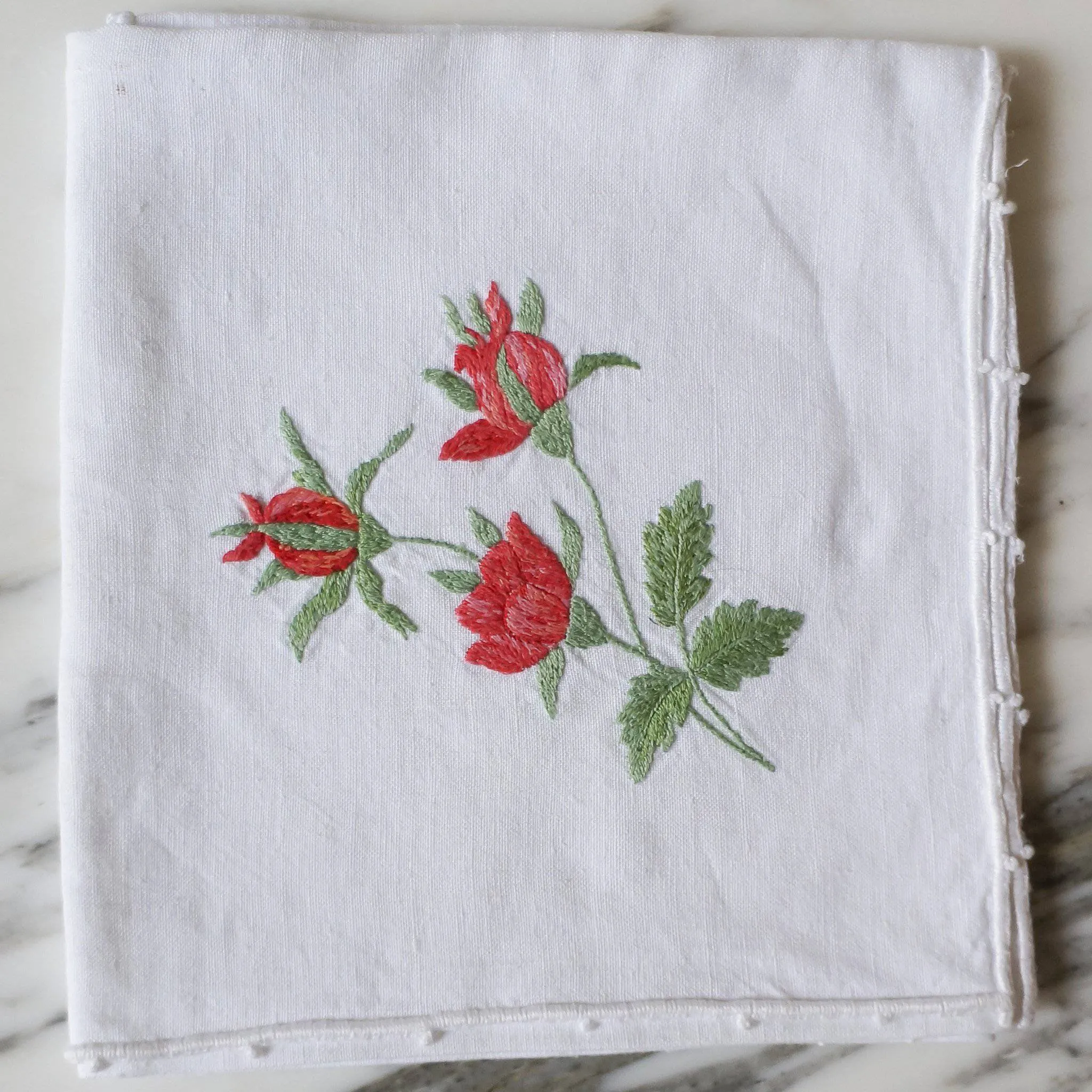 White Linen Hand-Embroidered Flower Napkins