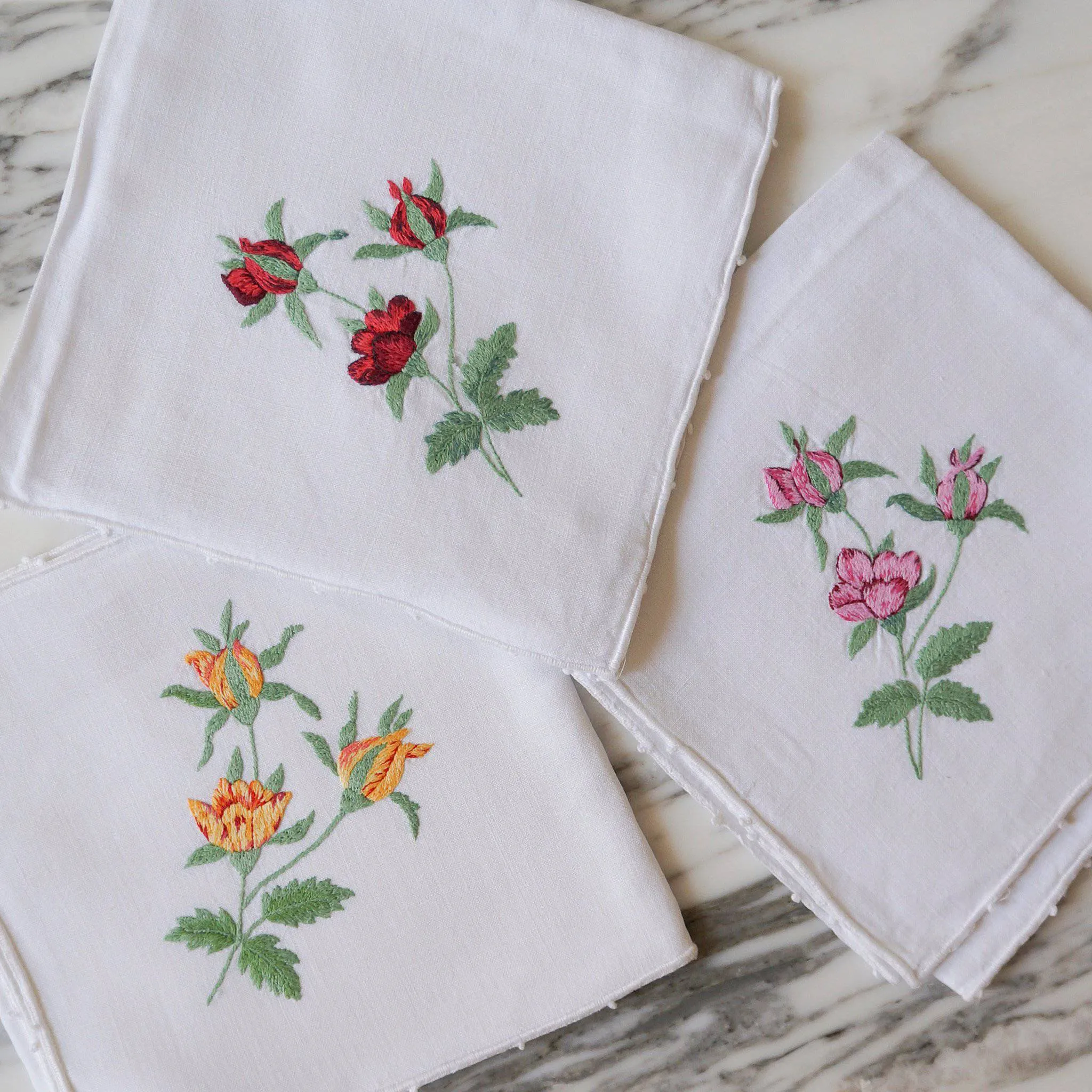 White Linen Hand-Embroidered Flower Napkins