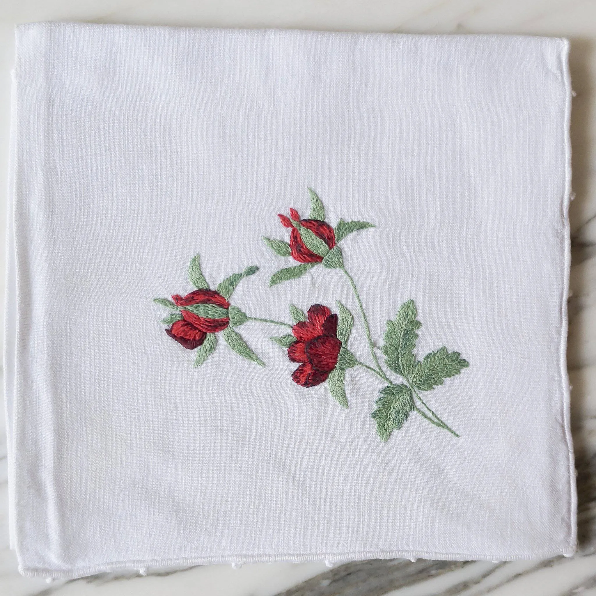 White Linen Hand-Embroidered Flower Napkins