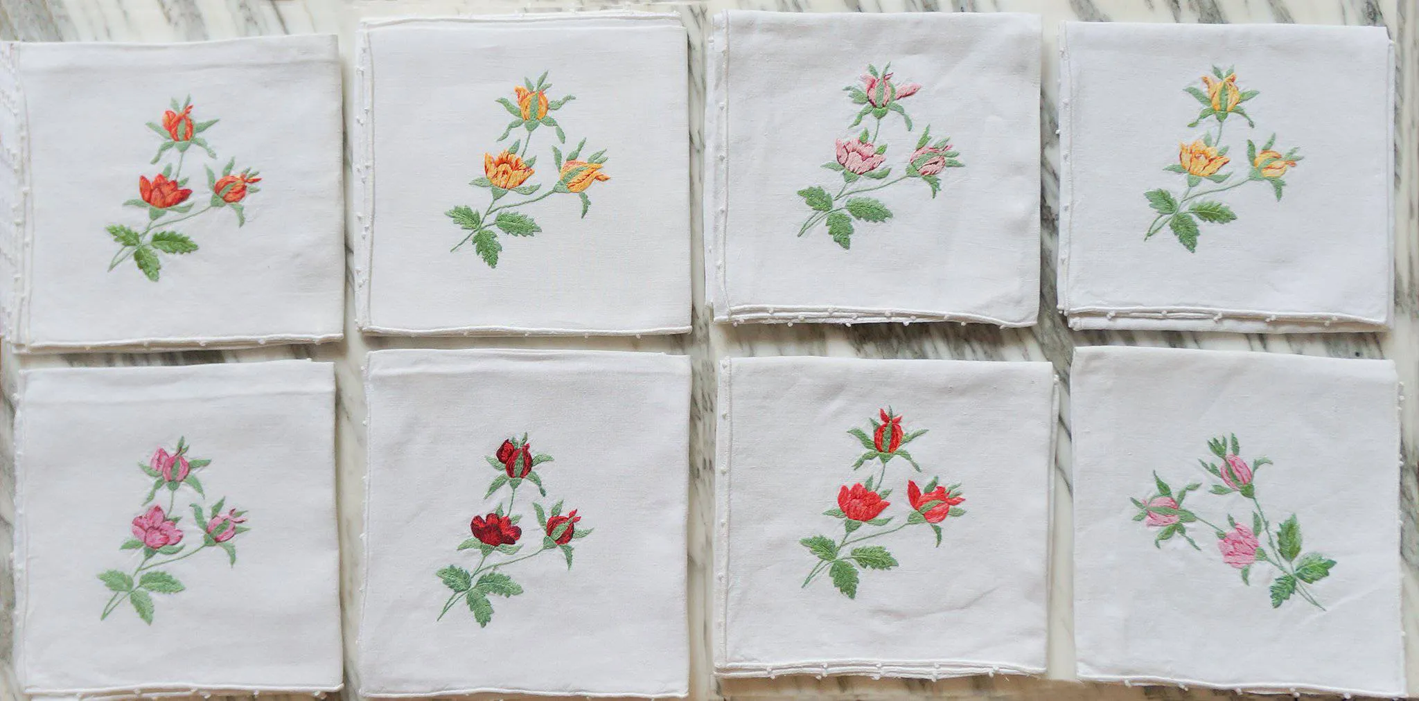 White Linen Hand-Embroidered Flower Napkins