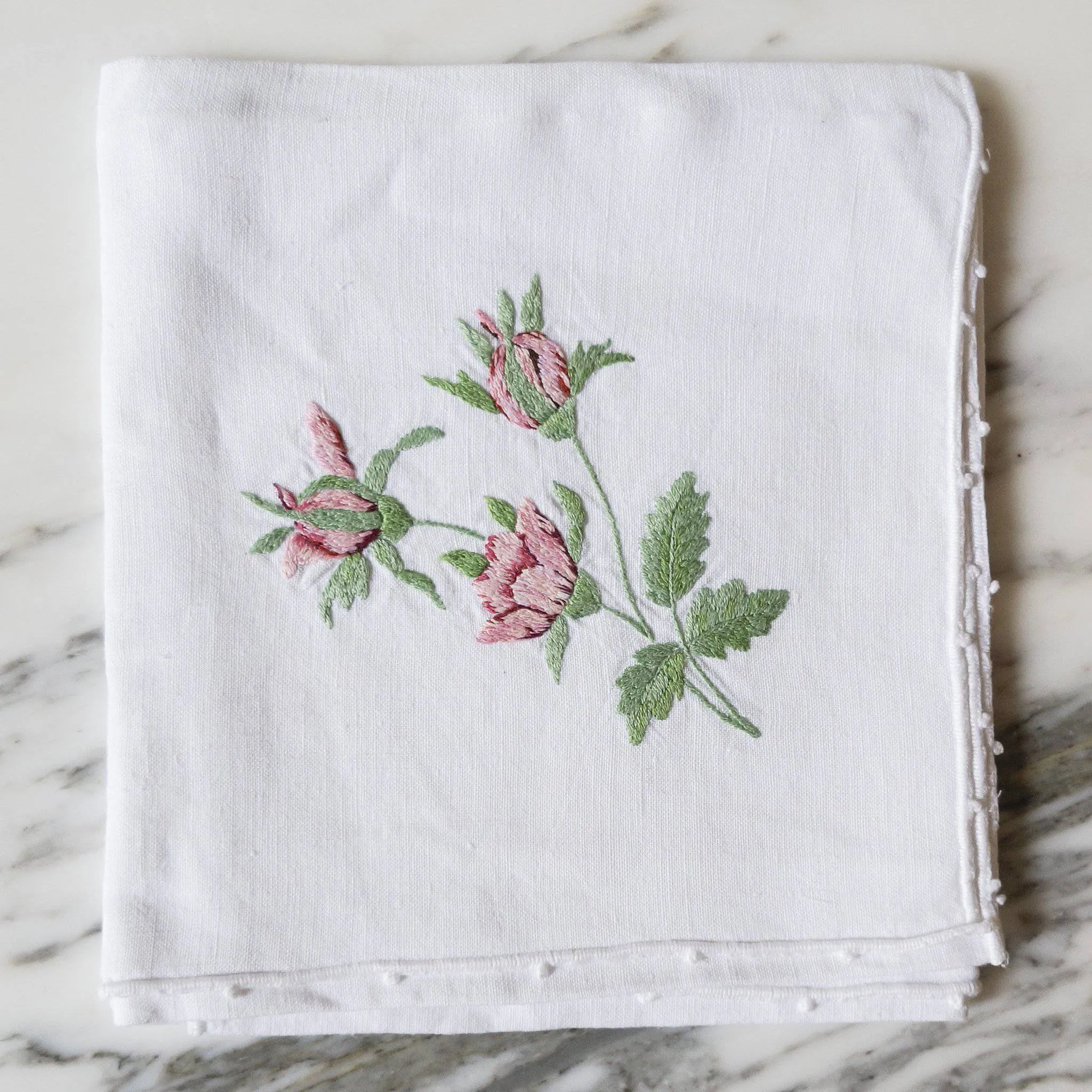 White Linen Hand-Embroidered Flower Napkins
