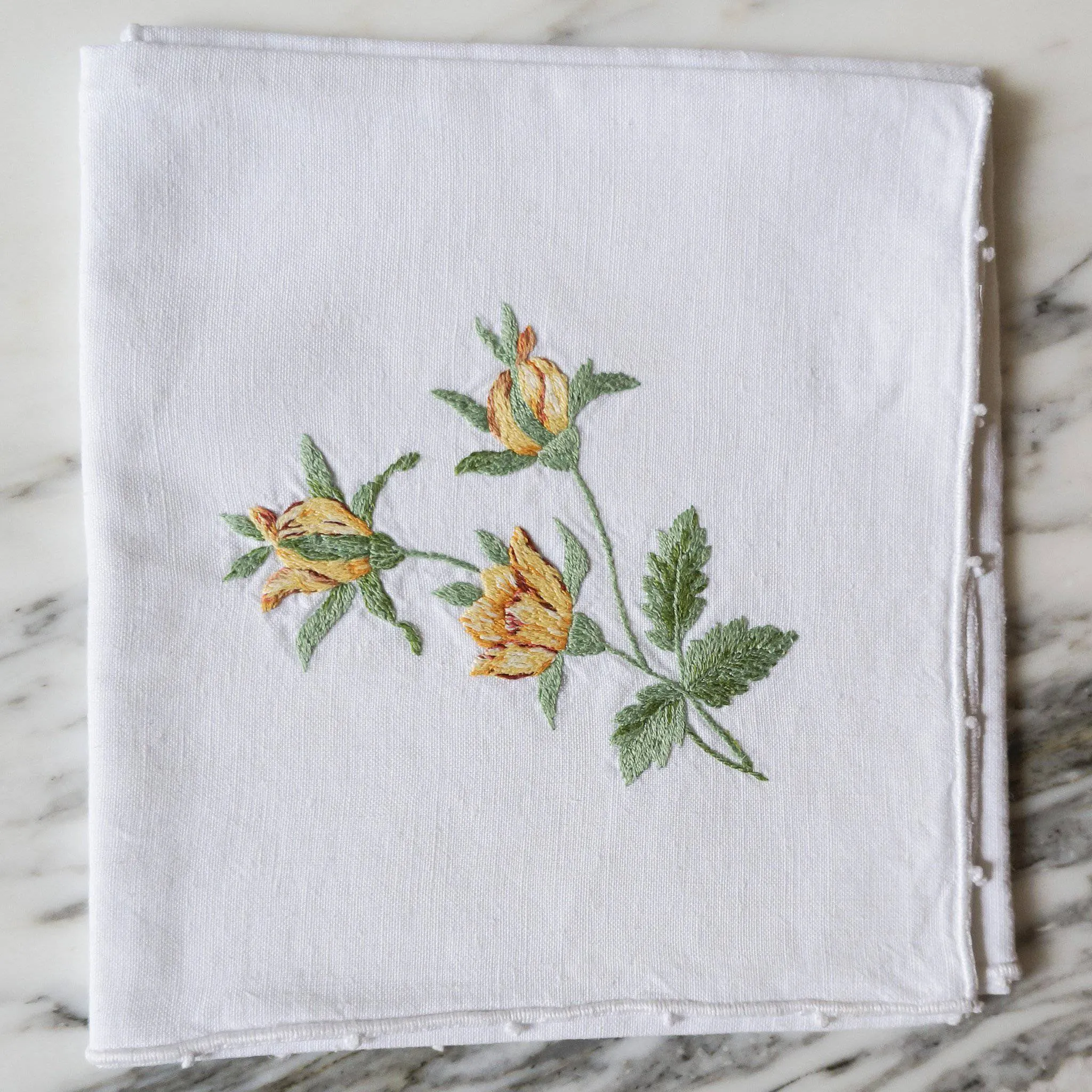 White Linen Hand-Embroidered Flower Napkins