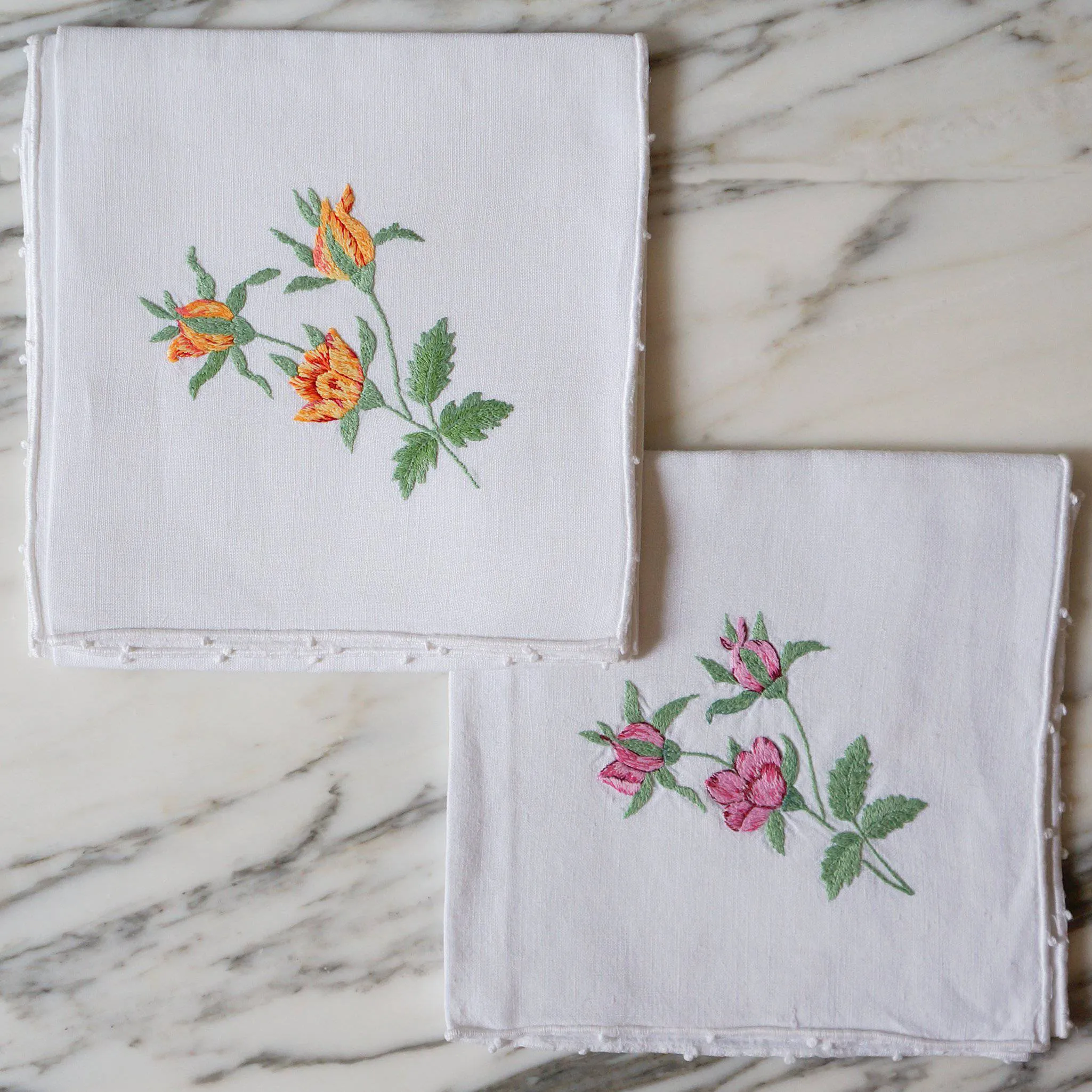 White Linen Hand-Embroidered Flower Napkins