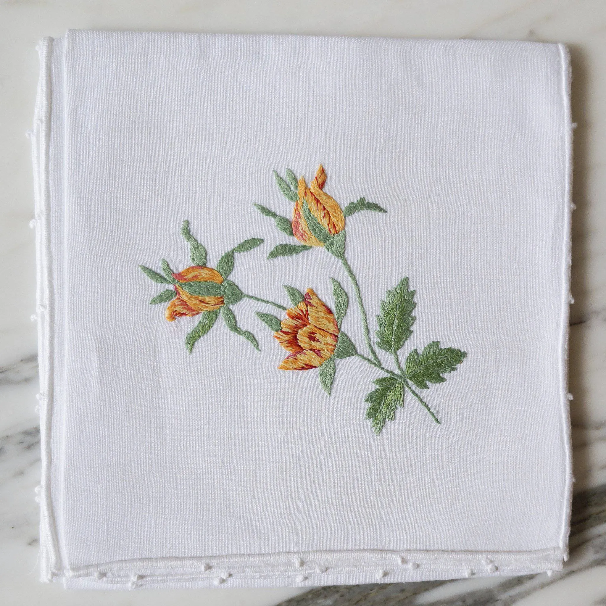 White Linen Hand-Embroidered Flower Napkins