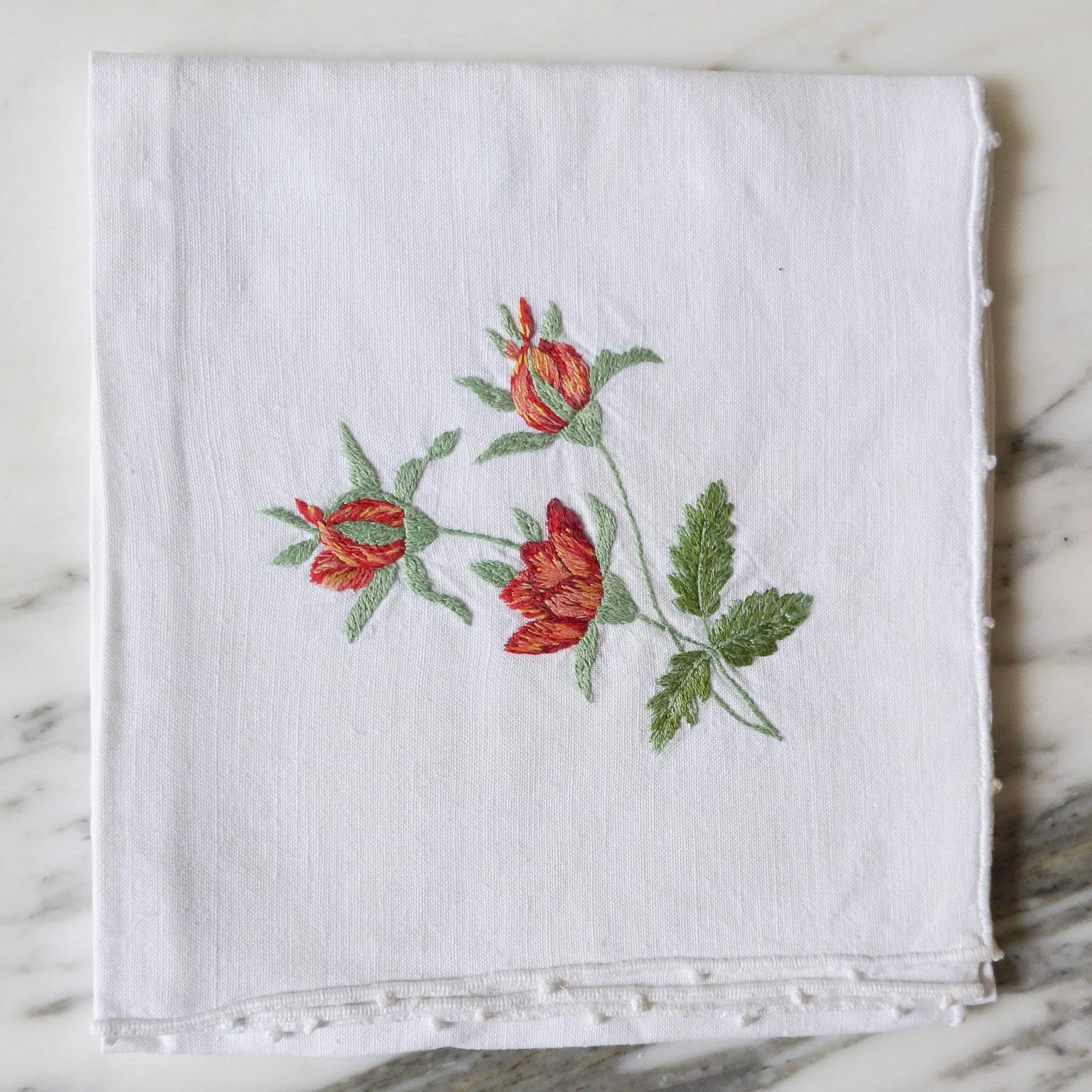 White Linen Hand-Embroidered Flower Napkins