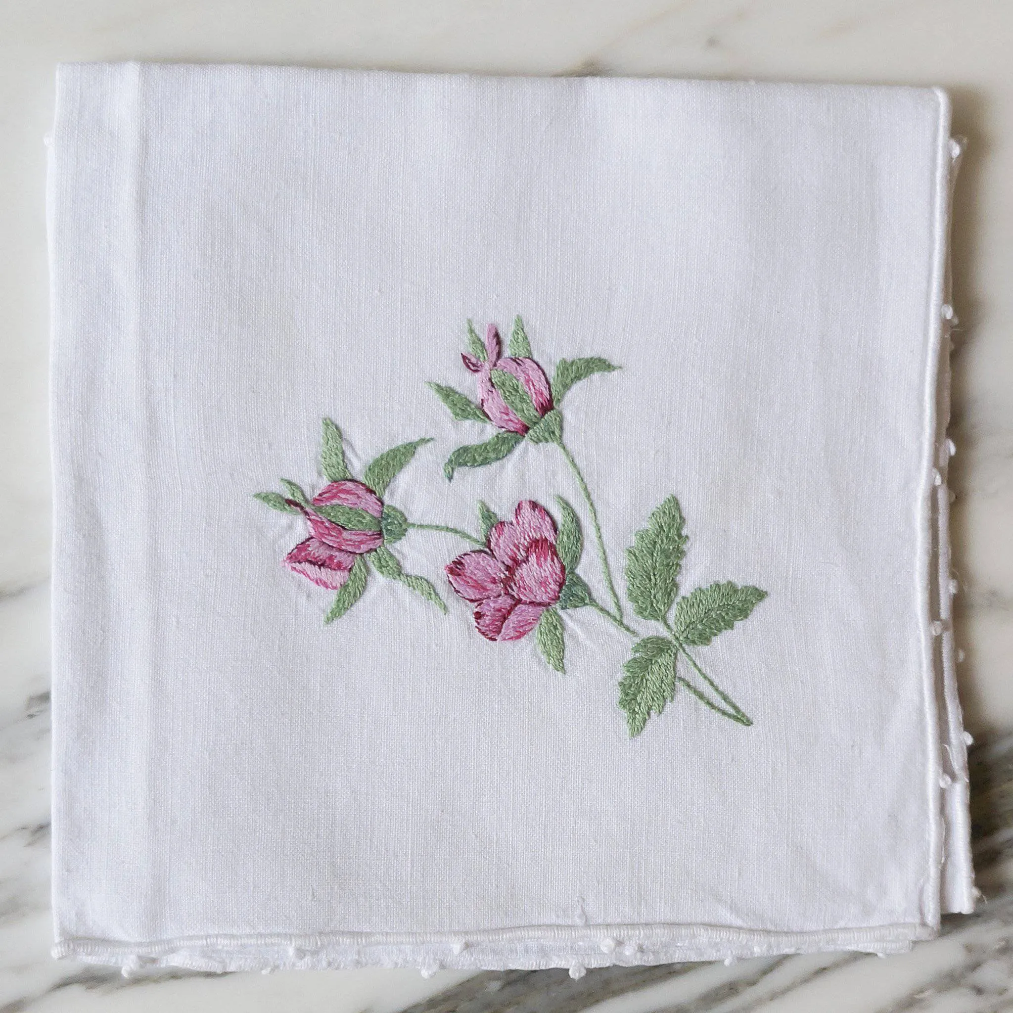 White Linen Hand-Embroidered Flower Napkins