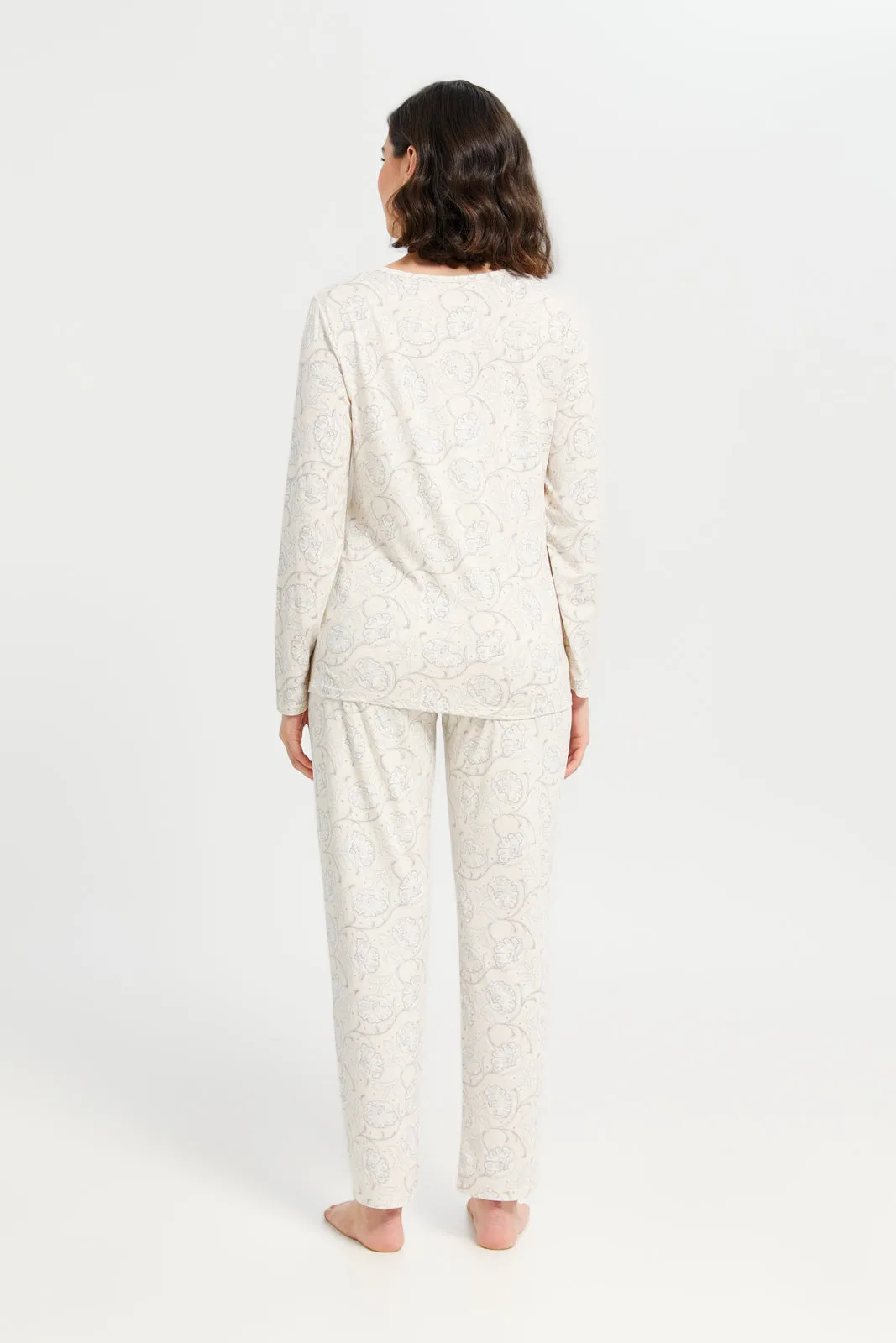 Women Cream Printed Long Sleeve Pyjama Set (2 Piece)