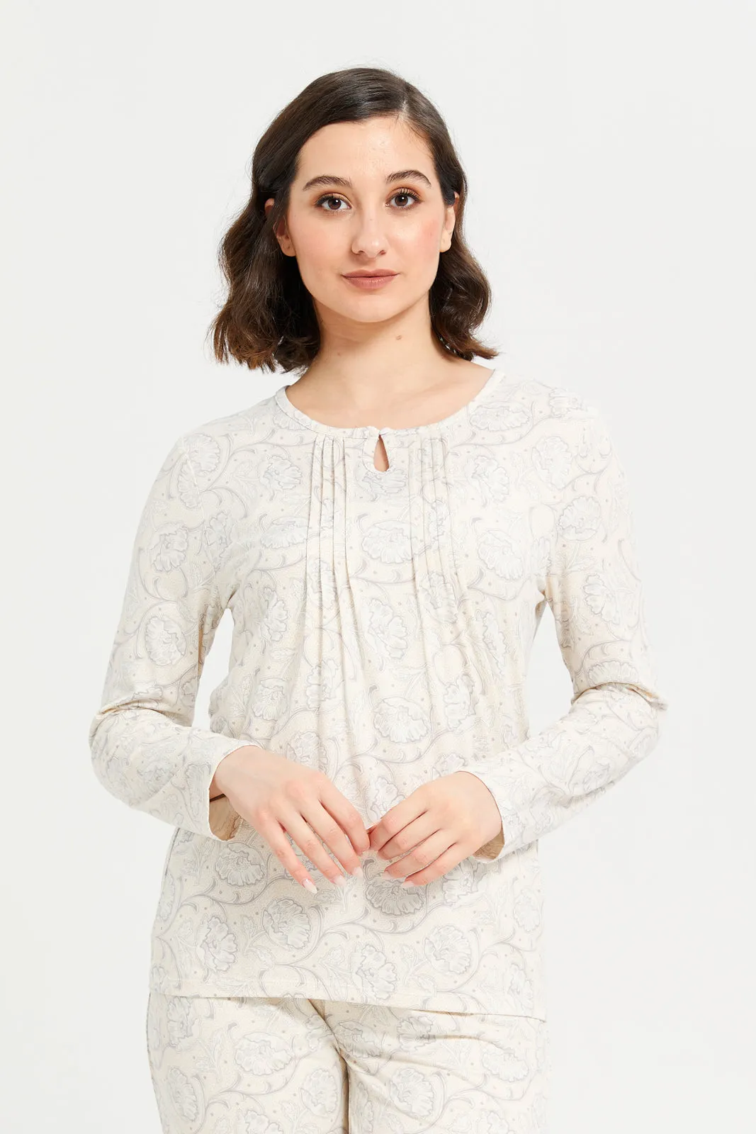 Women Cream Printed Long Sleeve Pyjama Set (2 Piece)