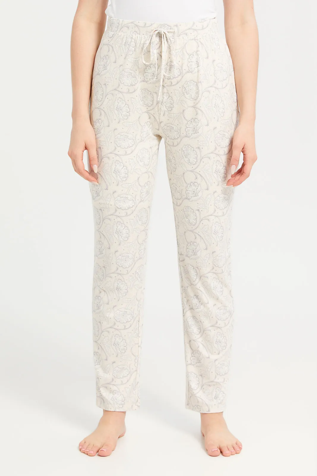 Women Cream Printed Long Sleeve Pyjama Set (2 Piece)