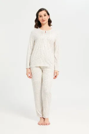 Women Cream Printed Long Sleeve Pyjama Set (2 Piece)
