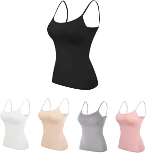 Womens Adjustable Camisoles with Built in Bra,Stretch Cotton Tank Top Spaghetti Strap Scoop Neck Layer Cami