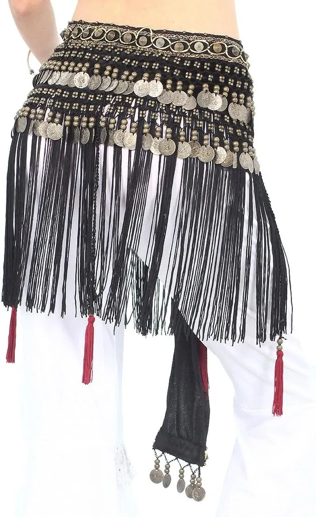 Women's Belly Dance Tribal Hip Scarf with Fringe Coins Flannel