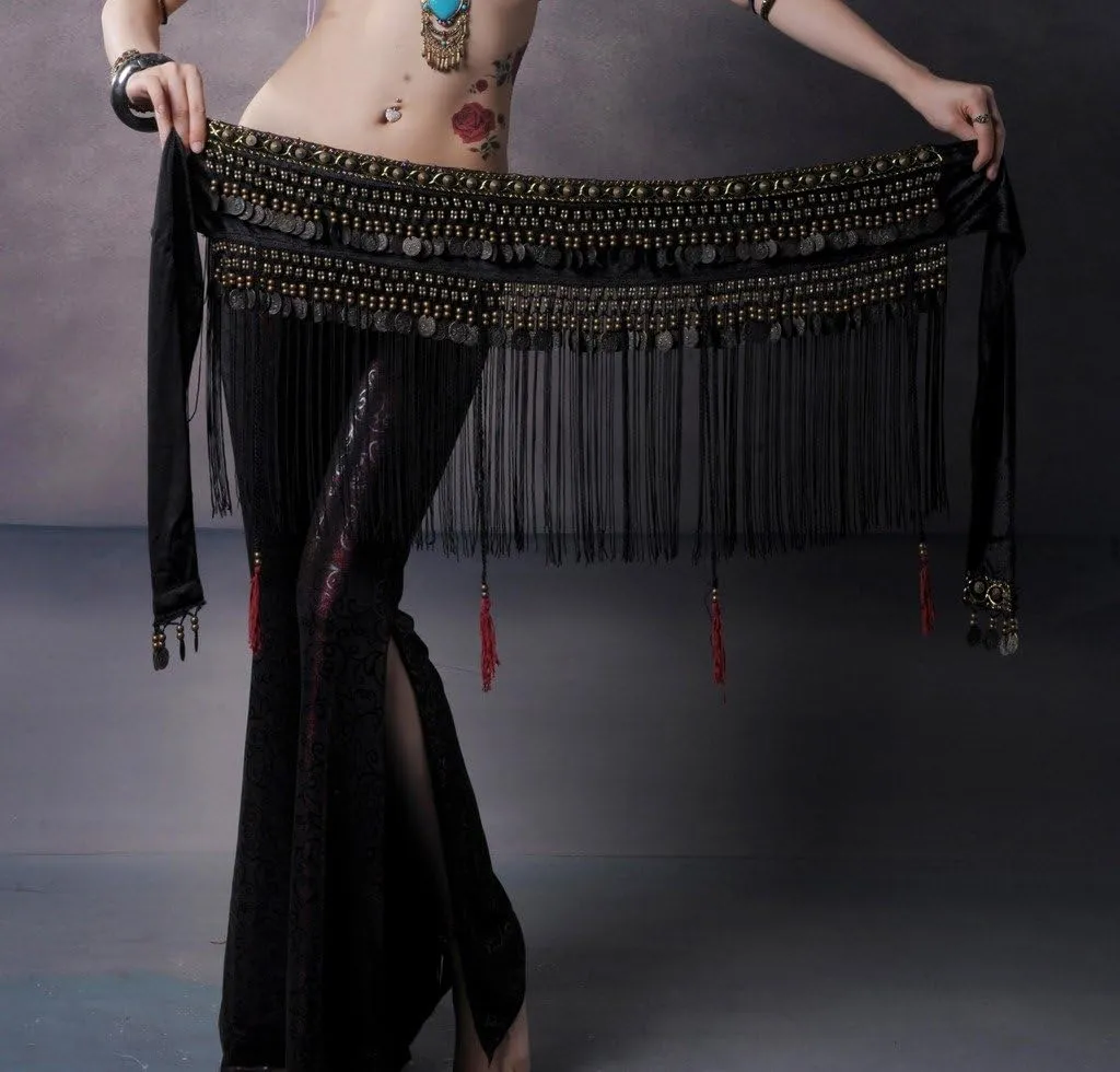 Women's Belly Dance Tribal Hip Scarf with Fringe Coins Flannel