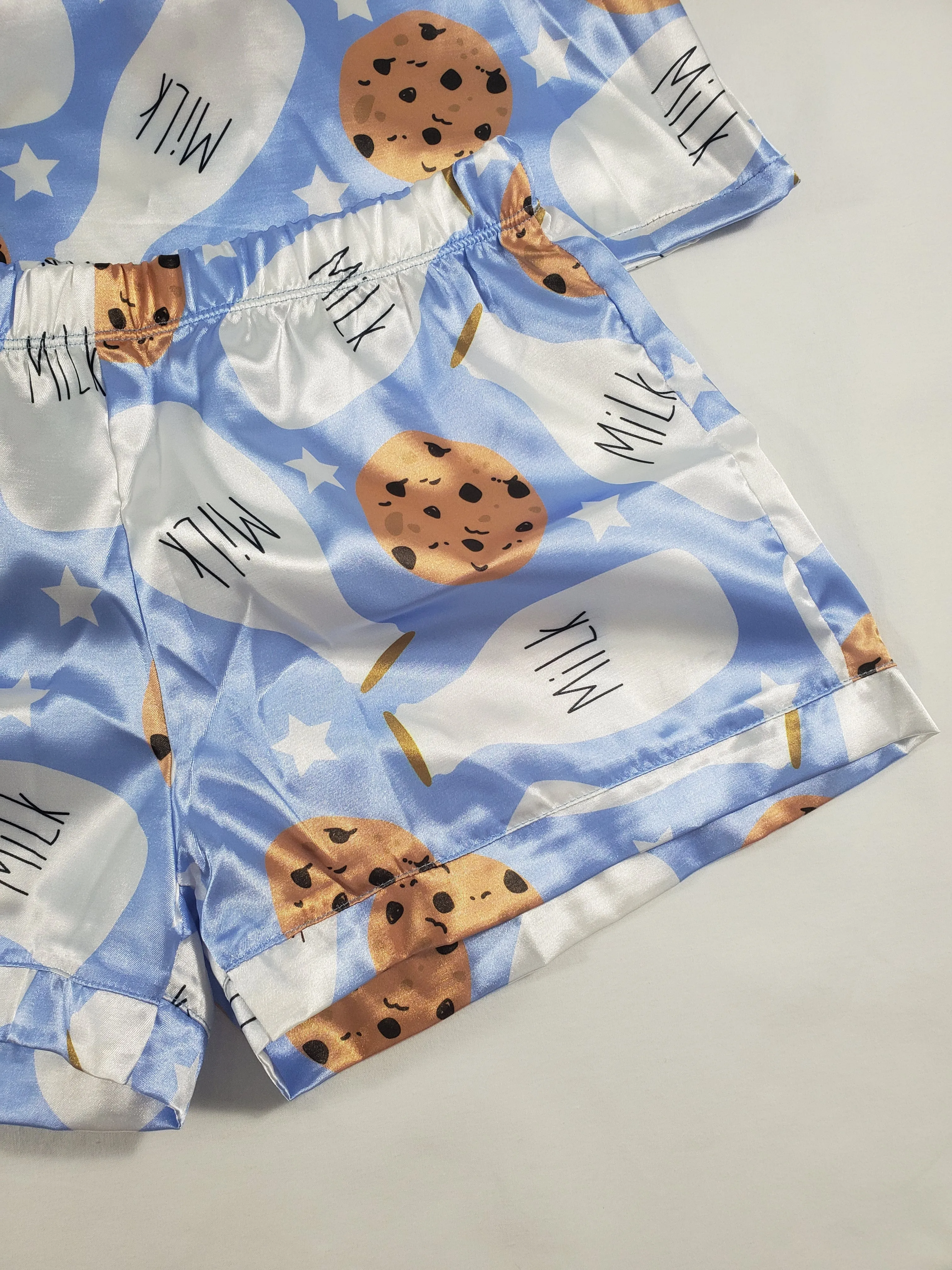 Women's Blue satin pajama set cookies and milk theme shorts and blouse