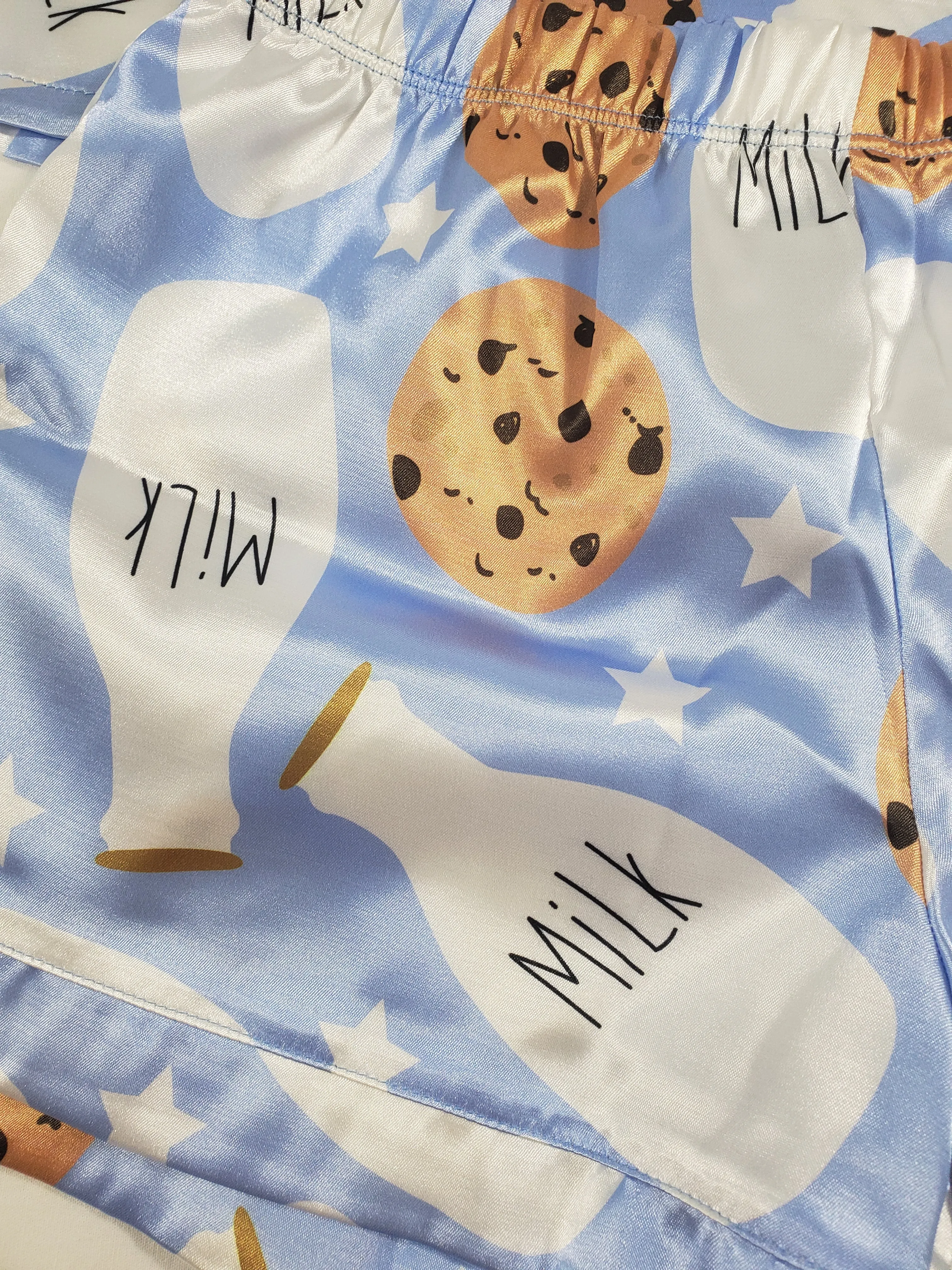 Women's Blue satin pajama set cookies and milk theme shorts and blouse