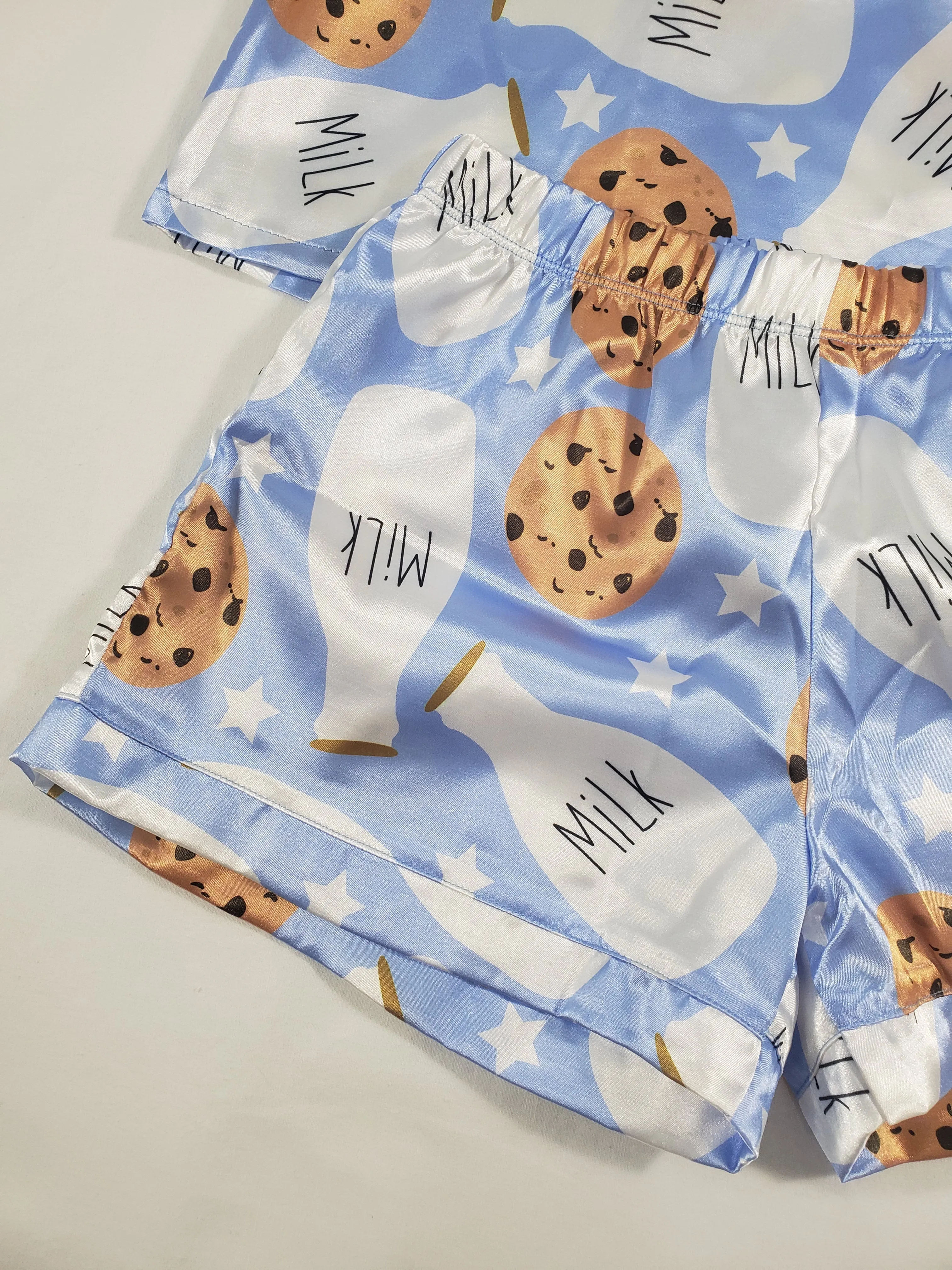 Women's Blue satin pajama set cookies and milk theme shorts and blouse