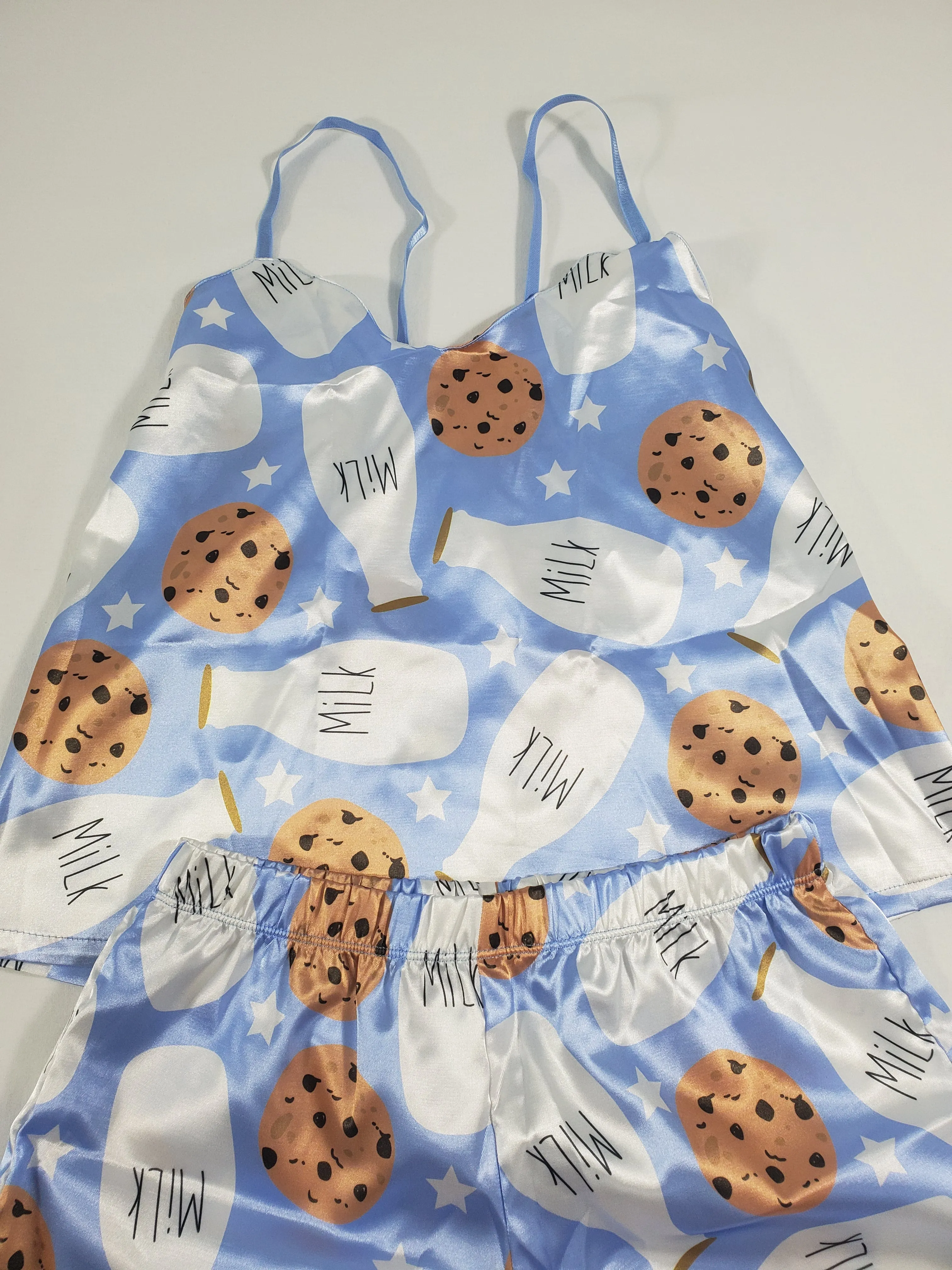 Women's Blue satin pajama set cookies and milk theme shorts and blouse
