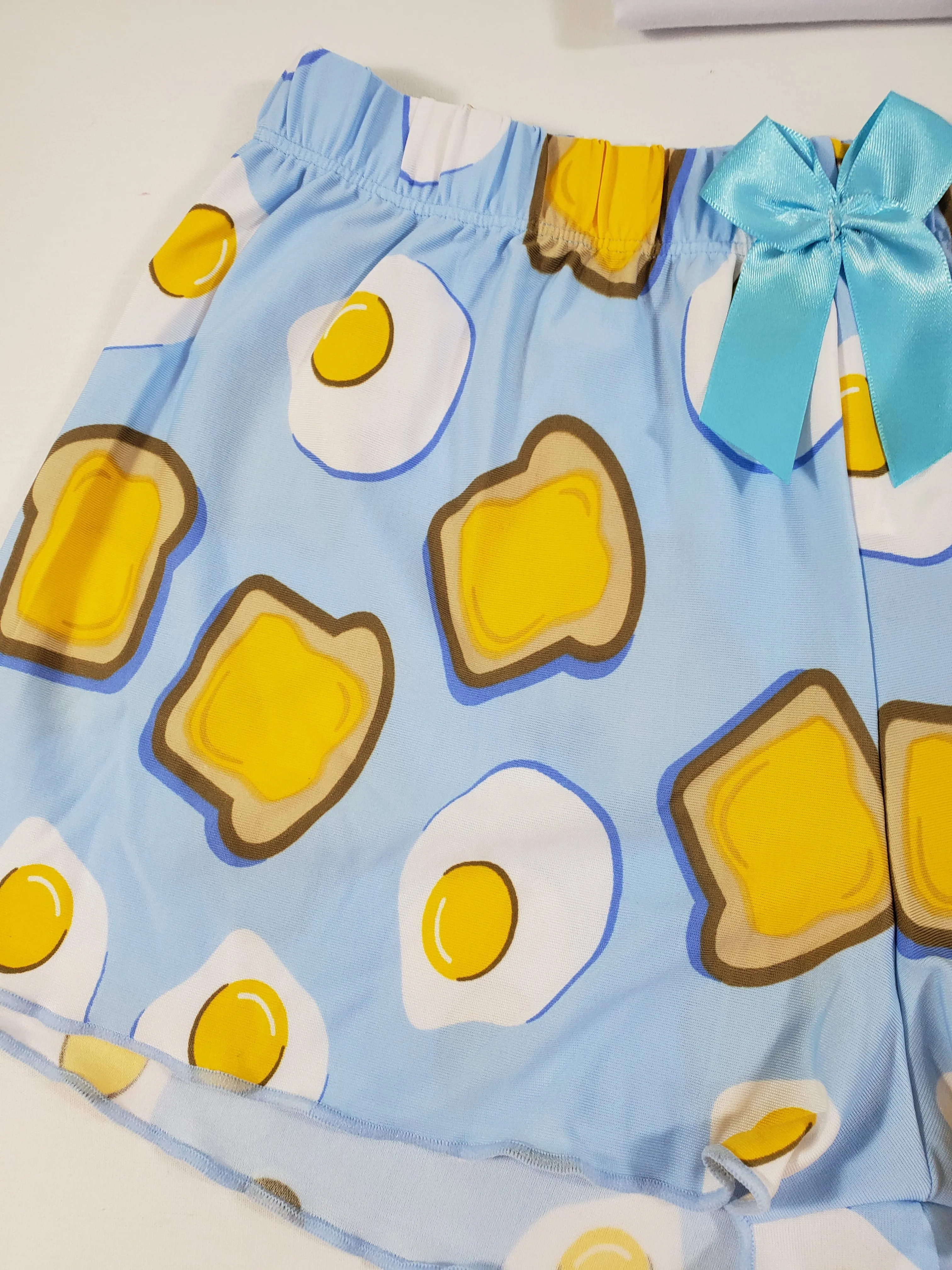 Women's Blue satin pajamas shorts fried eggs and toast theme white blouse