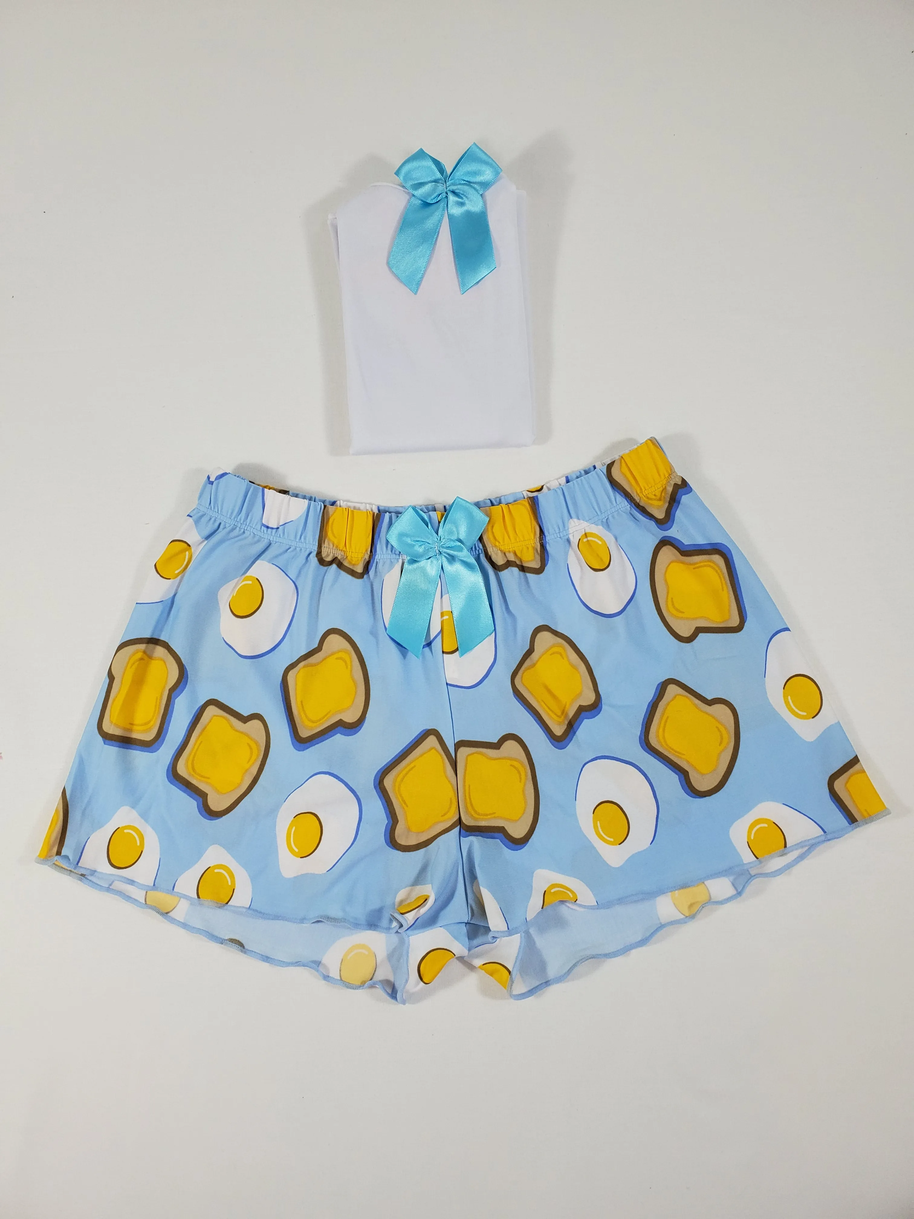 Women's Blue satin pajamas shorts fried eggs and toast theme white blouse