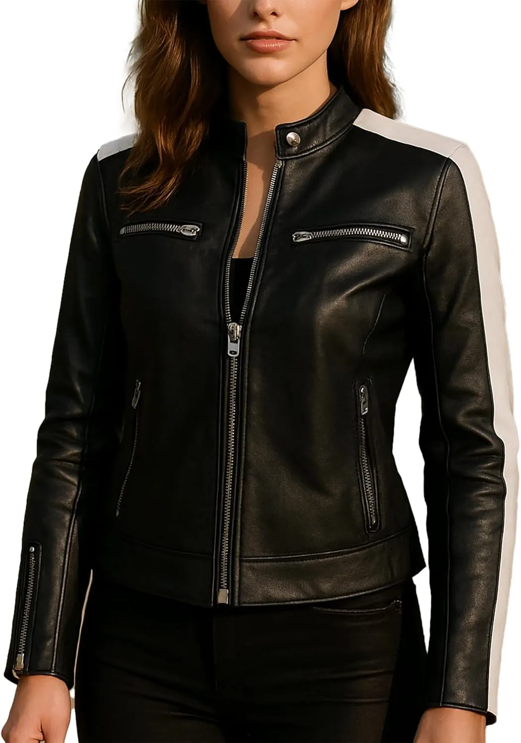 Women's Caf Racer White Sleeve Stripe Motorcycle Slim Biker Black Leather Jacket