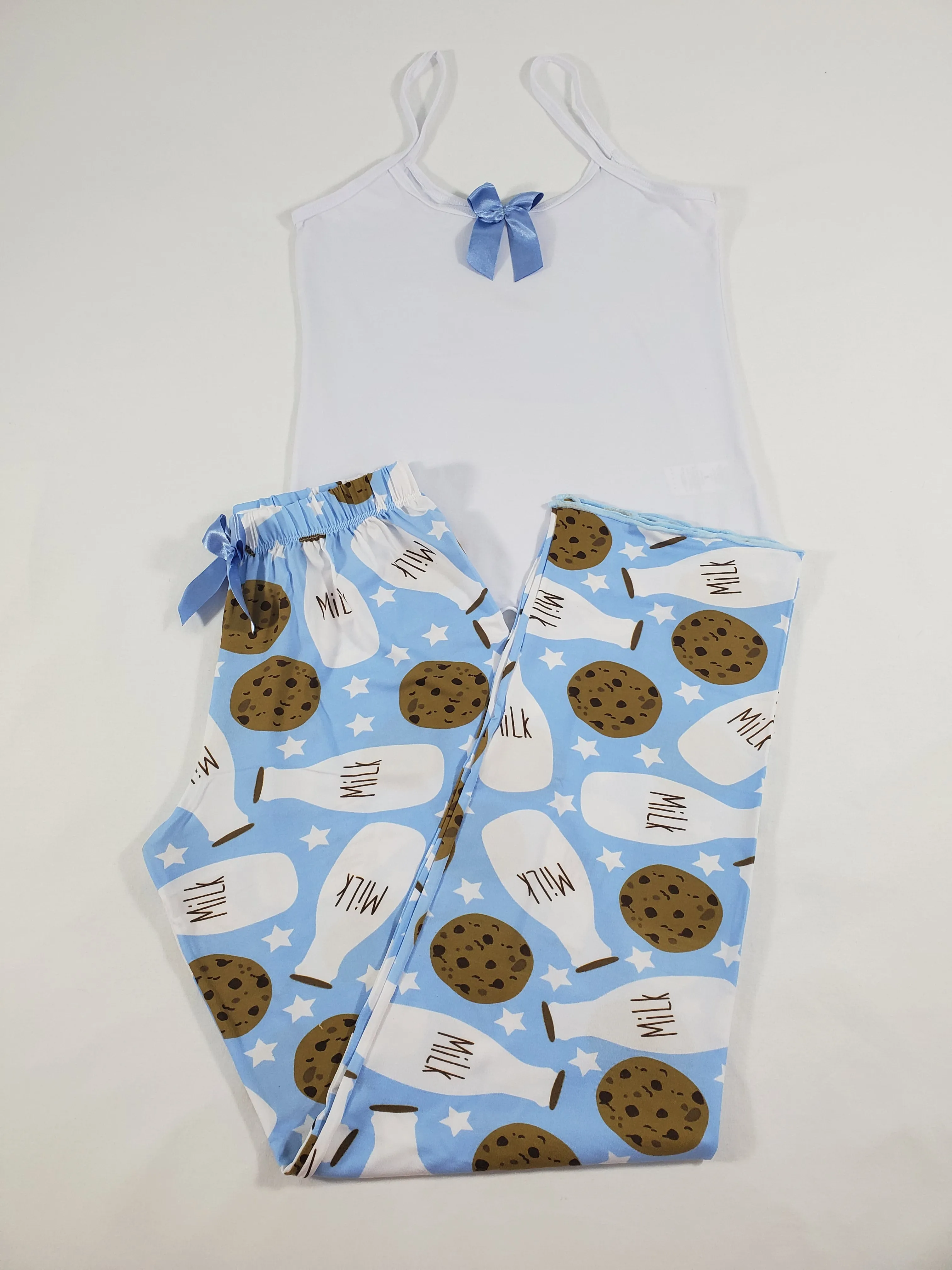 Women's Classic pajama set blue pants milk and cookies theme white blouse