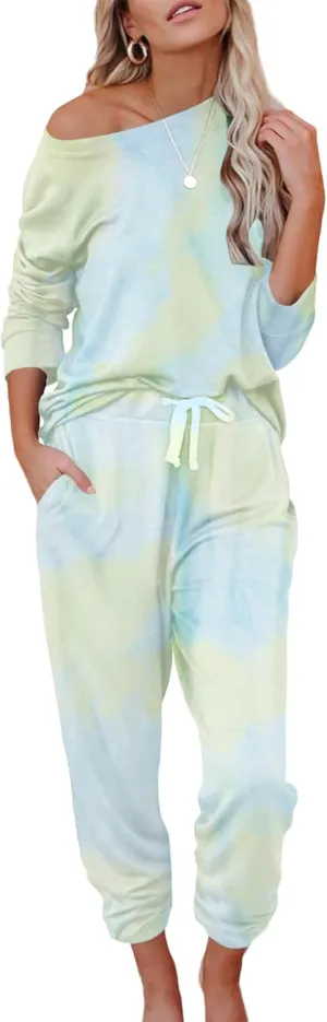 Women's Cozy 2 Piece Outfits Lounge Sets Long Sleeve Tie Dye Tops Jogger Sweatpants Sweats Track Suits Loungewear Sets
