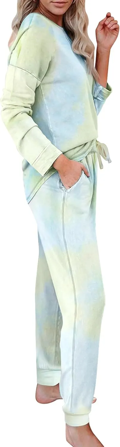Women's Cozy 2 Piece Outfits Lounge Sets Long Sleeve Tie Dye Tops Jogger Sweatpants Sweats Track Suits Loungewear Sets