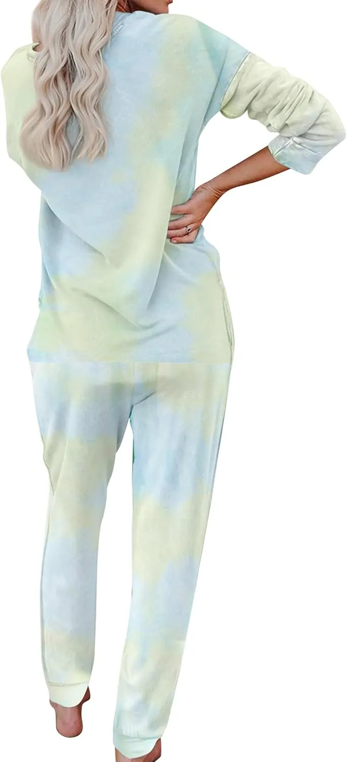 Women's Cozy 2 Piece Outfits Lounge Sets Long Sleeve Tie Dye Tops Jogger Sweatpants Sweats Track Suits Loungewear Sets