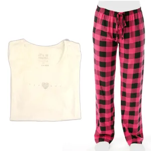 Women's Cozy Pajama Set Pink/Black Plaid Pants and Cotton Soft Heart T shirt by Just Love