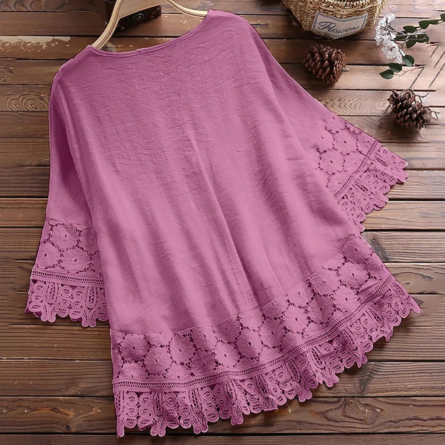 Women's Linen Loose Fit Tshirt Tops Vintage Lace Tie V-Neck Embroidered Tunics Comfy Relaxed Ladies 3/4 Sleeve Blouse