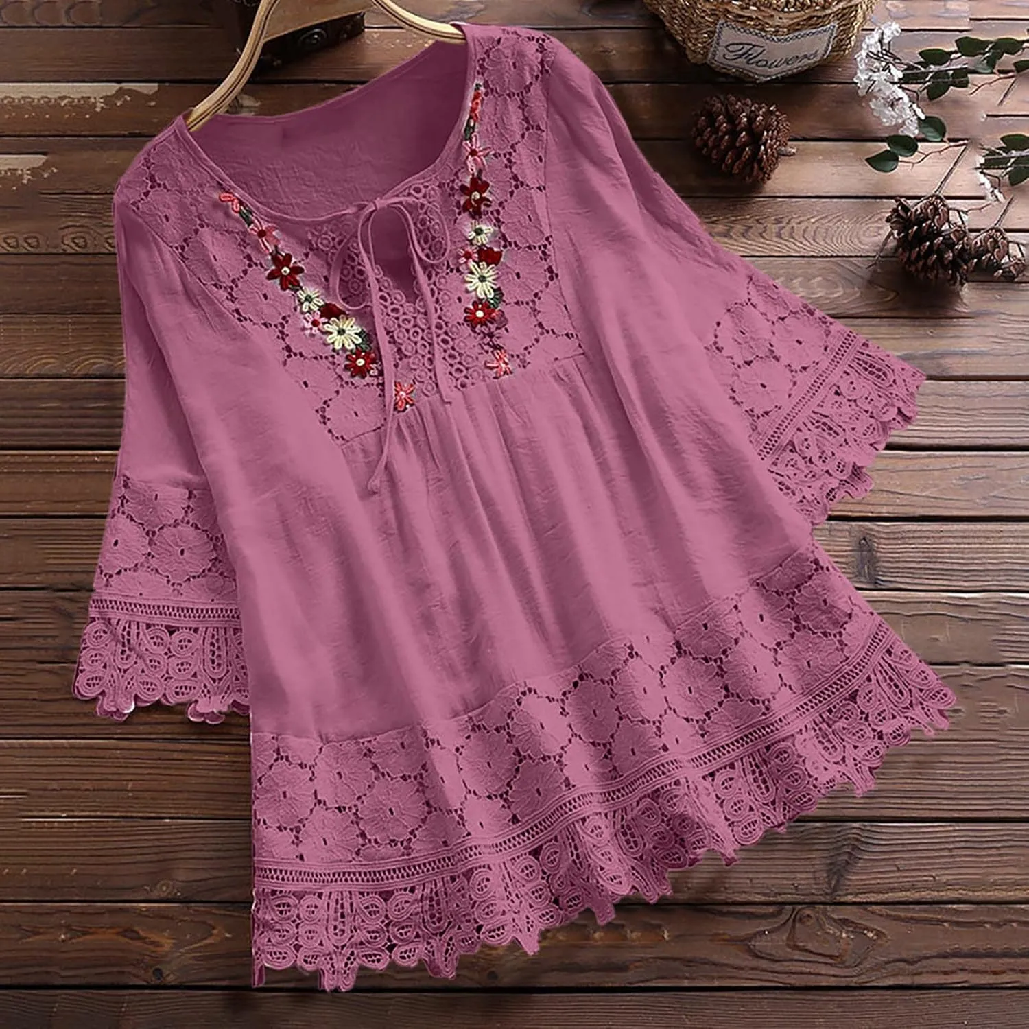 Women's Linen Loose Fit Tshirt Tops Vintage Lace Tie V-Neck Embroidered Tunics Comfy Relaxed Ladies 3/4 Sleeve Blouse