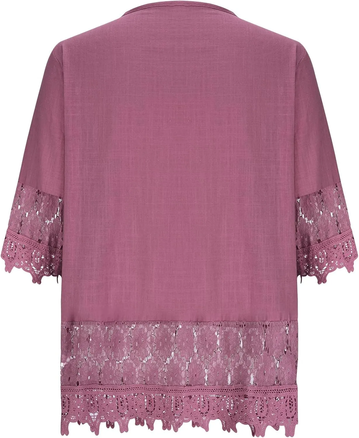 Women's Linen Loose Fit Tshirt Tops Vintage Lace Tie V-Neck Embroidered Tunics Comfy Relaxed Ladies 3/4 Sleeve Blouse