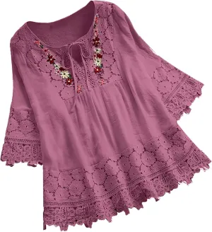 Women's Linen Loose Fit Tshirt Tops Vintage Lace Tie V-Neck Embroidered Tunics Comfy Relaxed Ladies 3/4 Sleeve Blouse