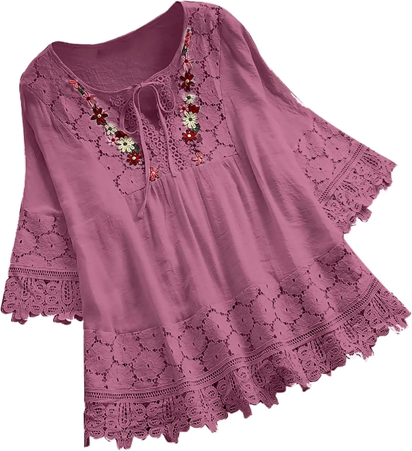 Women's Linen Loose Fit Tshirt Tops Vintage Lace Tie V-Neck Embroidered Tunics Comfy Relaxed Ladies 3/4 Sleeve Blouse