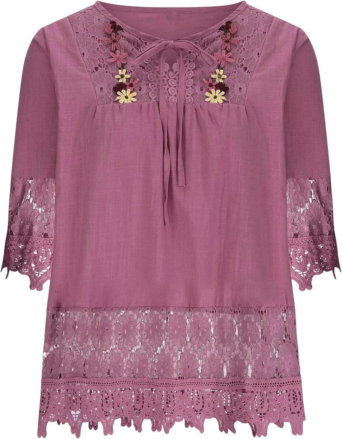 Women's Linen Loose Fit Tshirt Tops Vintage Lace Tie V-Neck Embroidered Tunics Comfy Relaxed Ladies 3/4 Sleeve Blouse