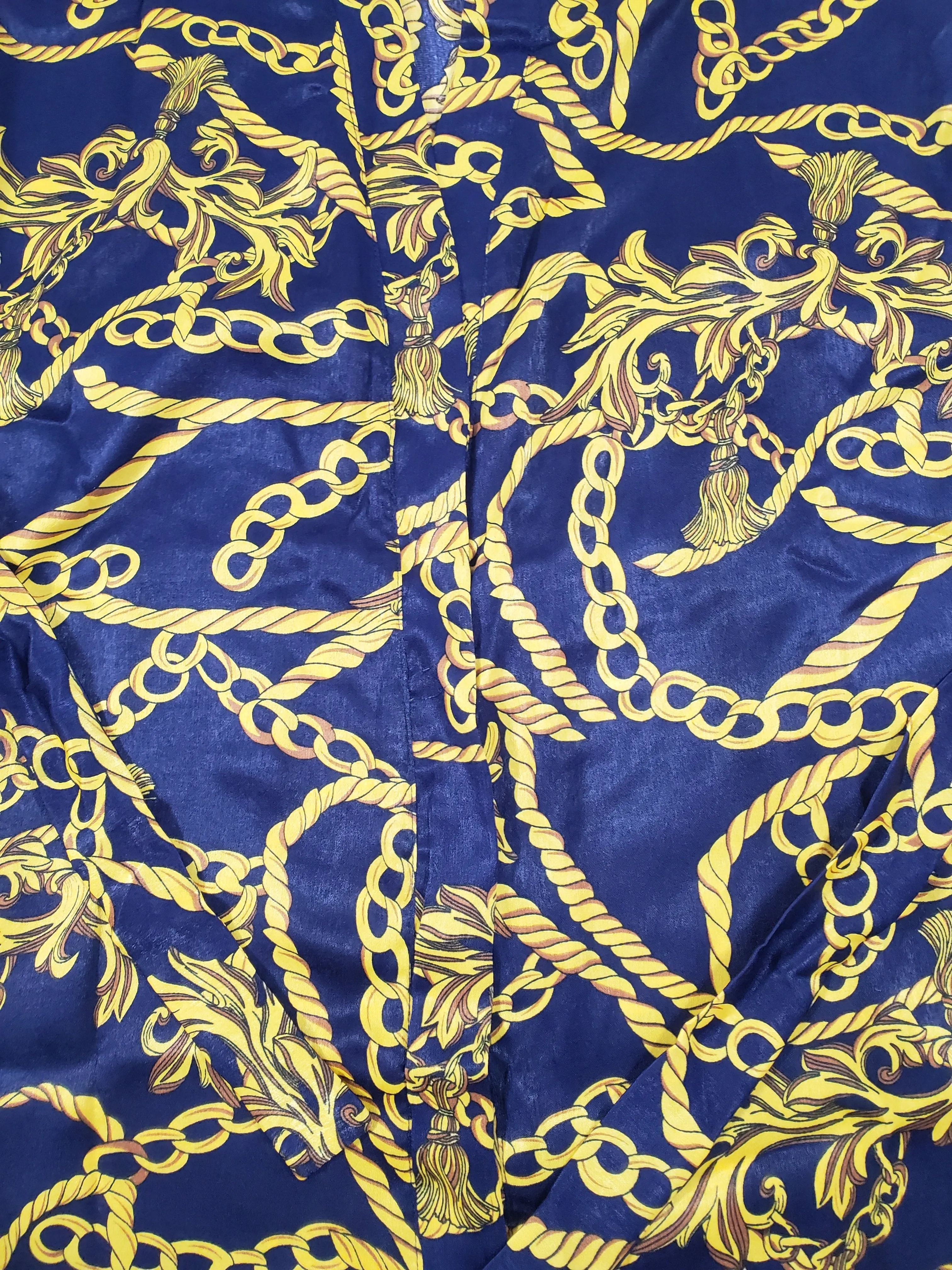 Women's Navy Blue satin silk robe gold chains and tassels theme