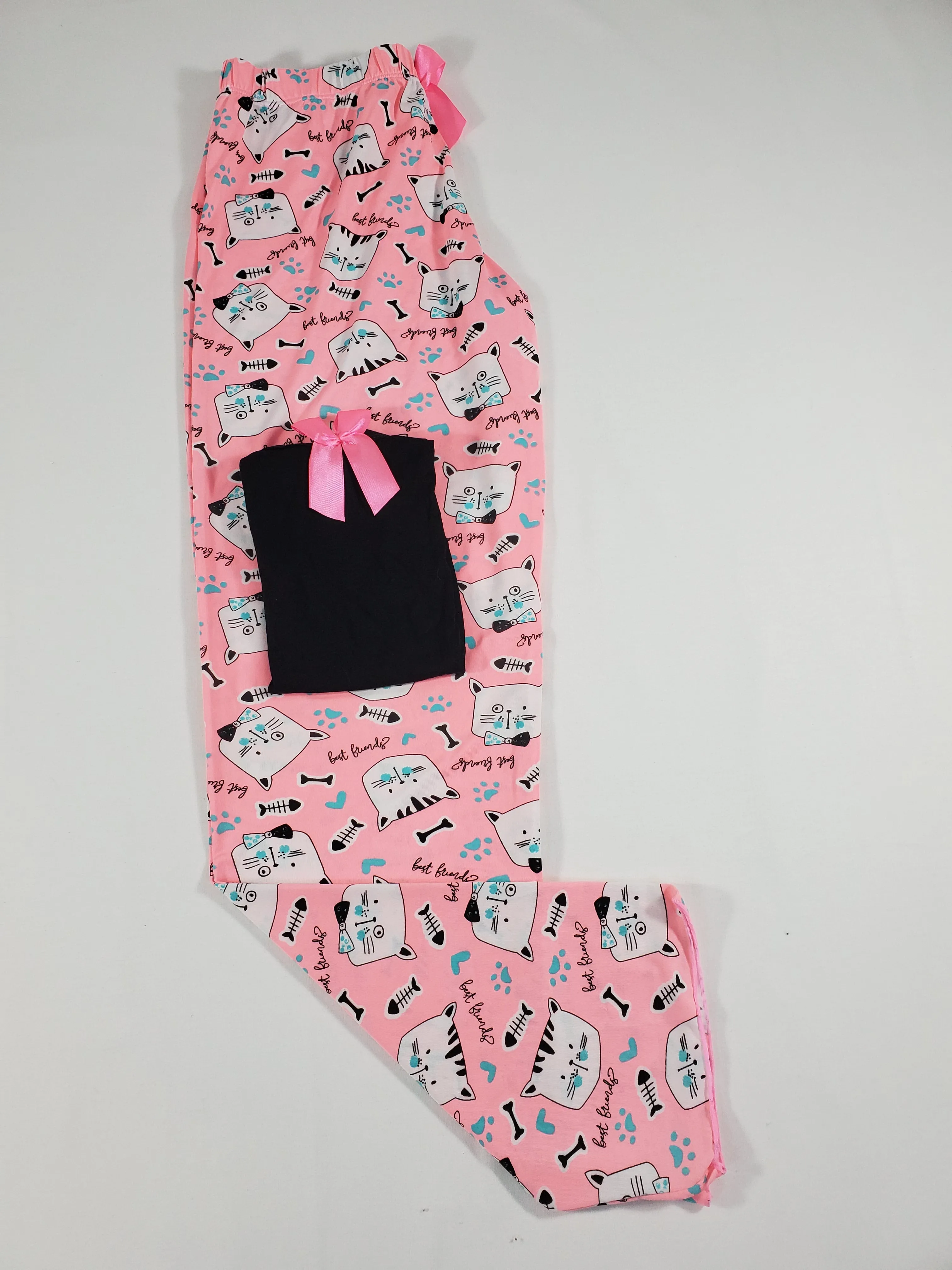 Women's Pajama set pink pants kittens theme black blouse