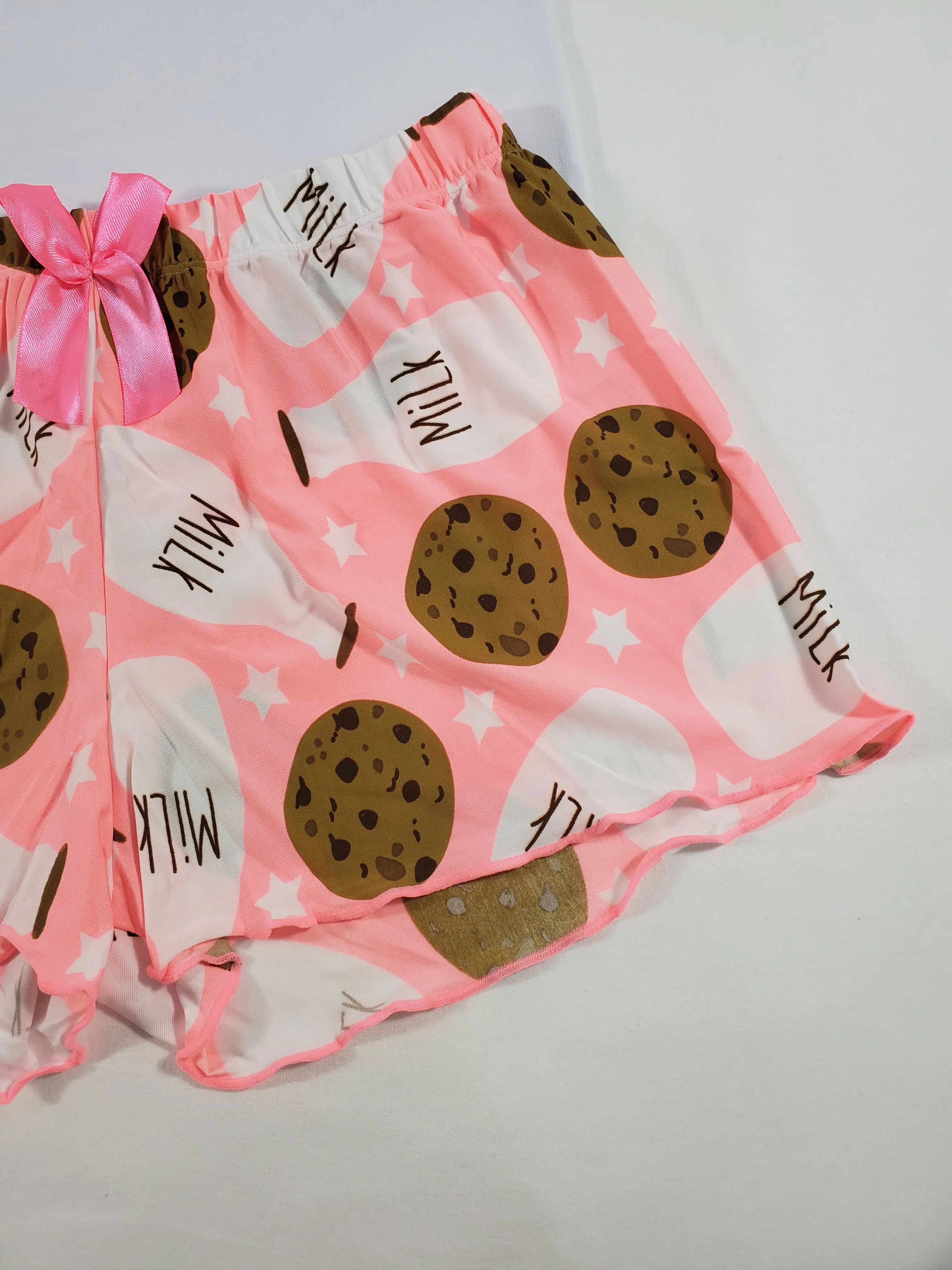 Women's Pajama set pink shorts milk and cookies theme white blouse
