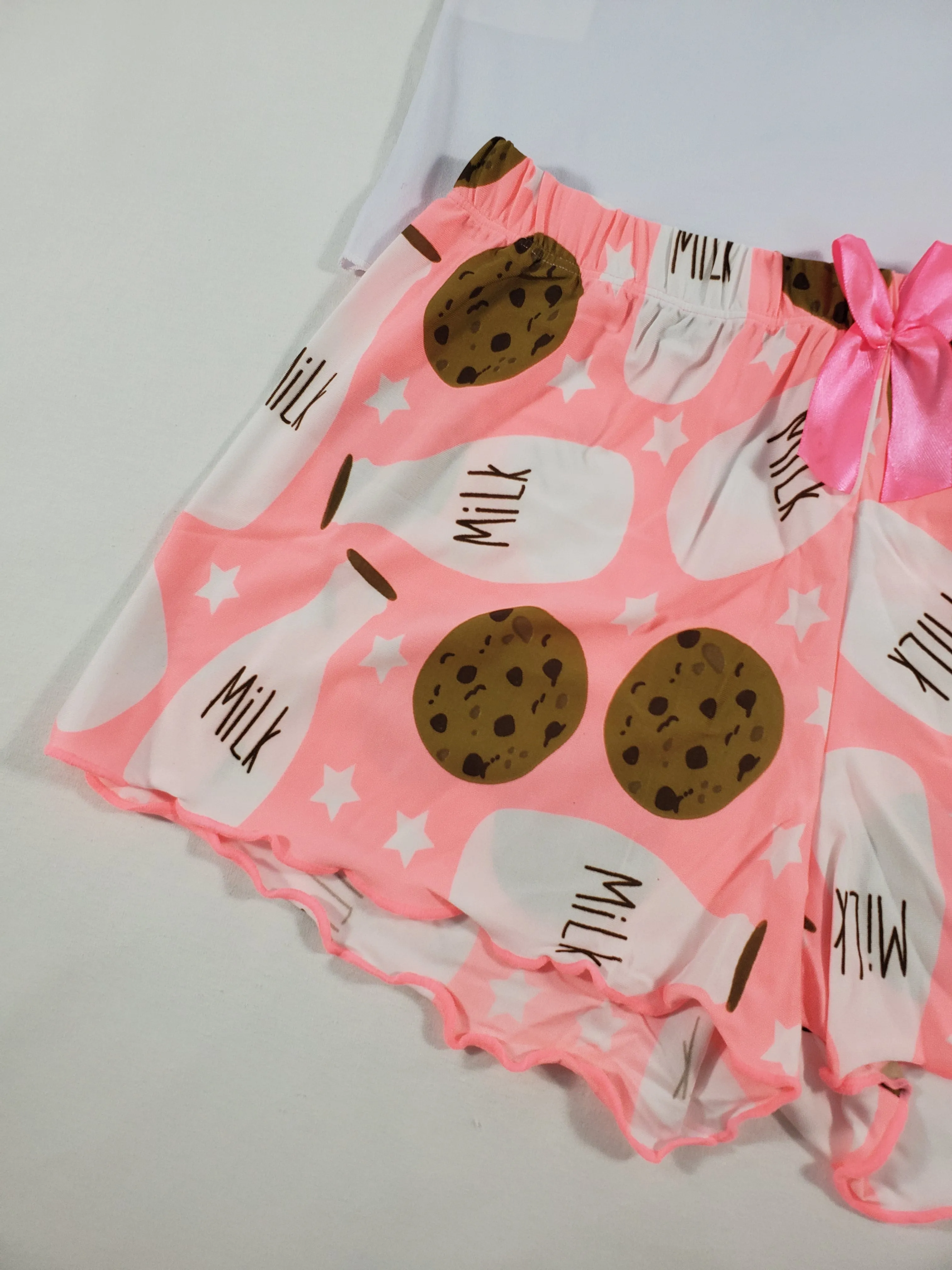 Women's Pajama set pink shorts milk and cookies theme white blouse
