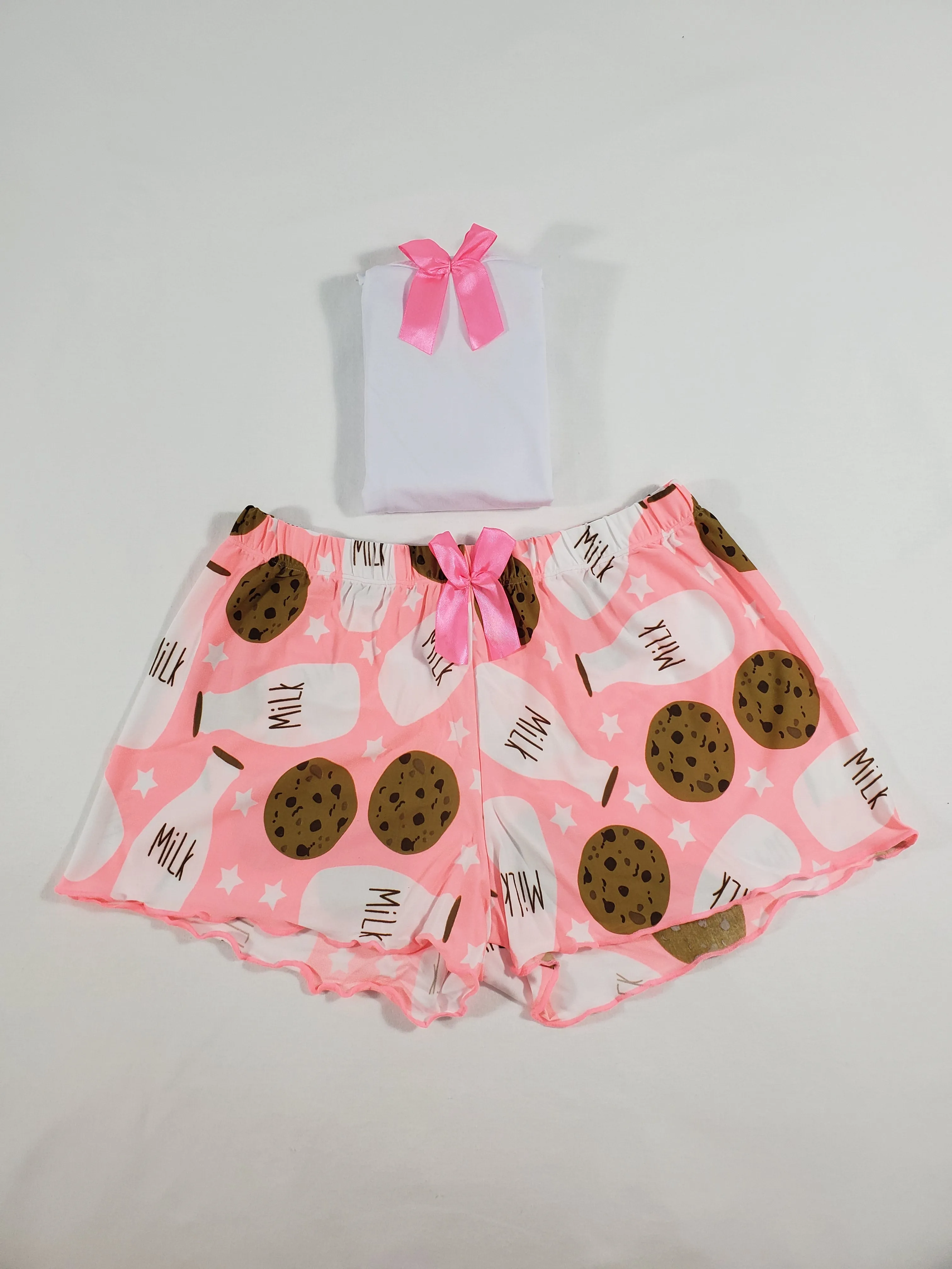 Women's Pajama set pink shorts milk and cookies theme white blouse