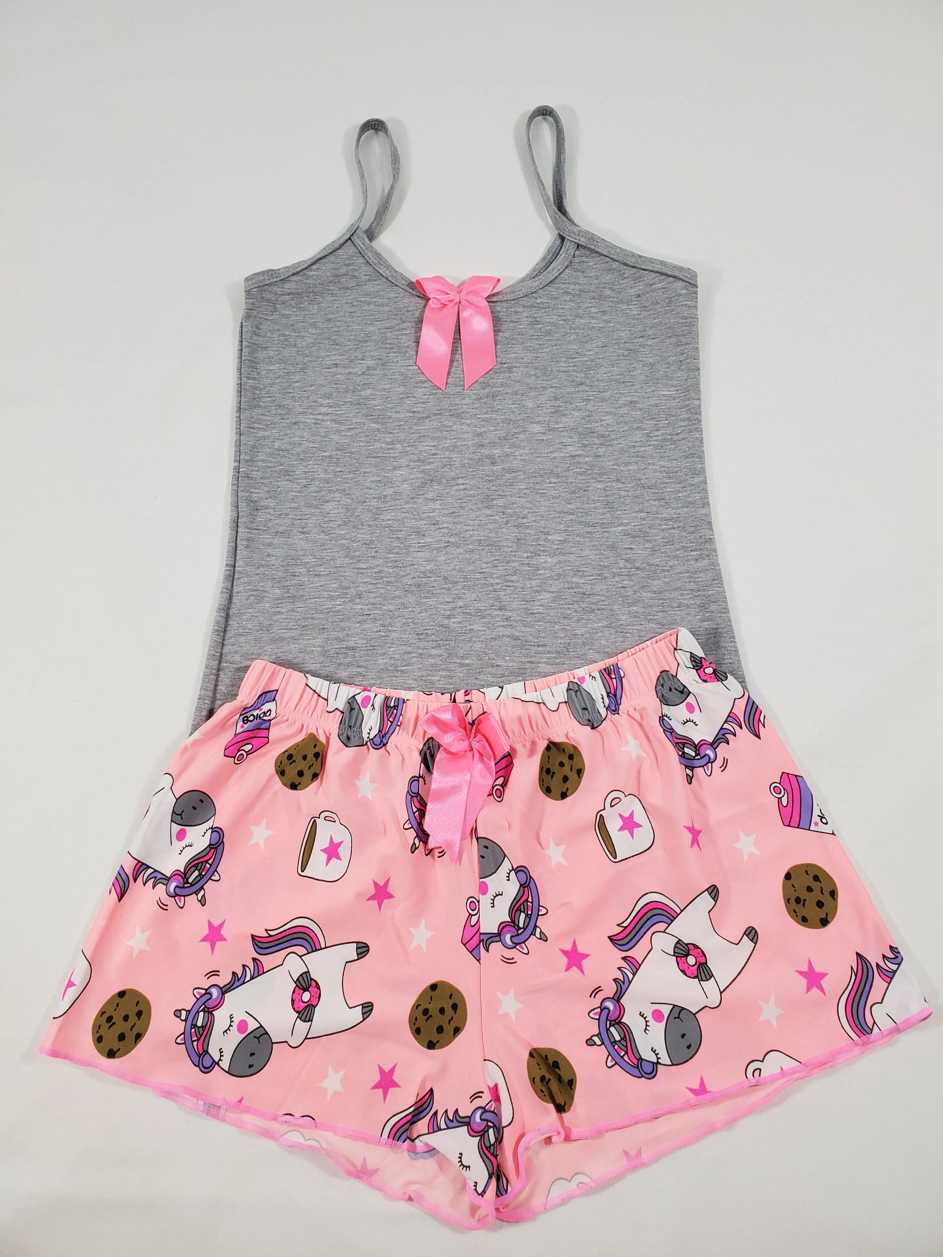 Women's Pink Classic pajamas shorts unicorn and cookies theme gray blouse