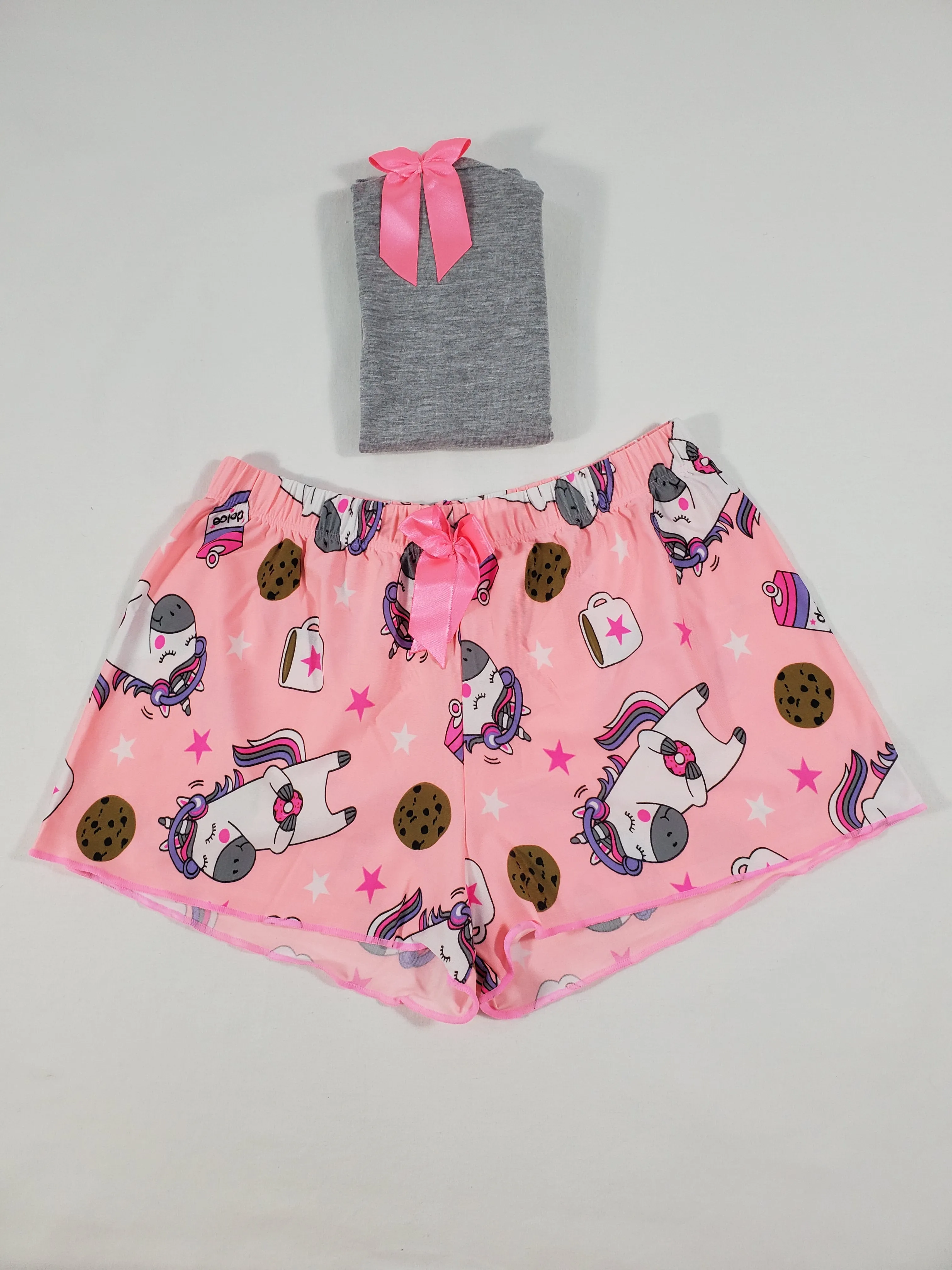 Women's Pink Classic pajamas shorts unicorn and cookies theme gray blouse