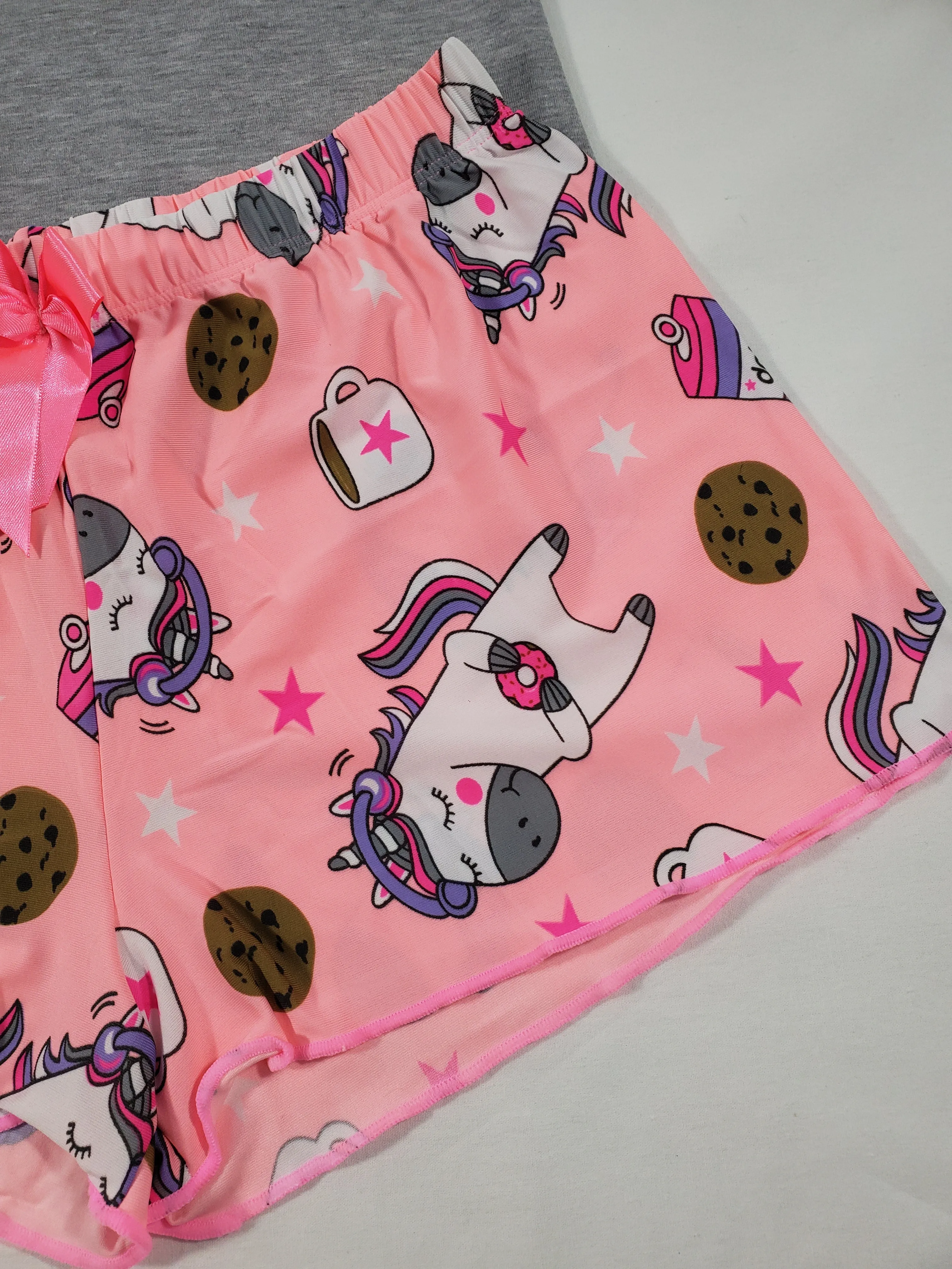 Women's Pink Classic pajamas shorts unicorn and cookies theme gray blouse