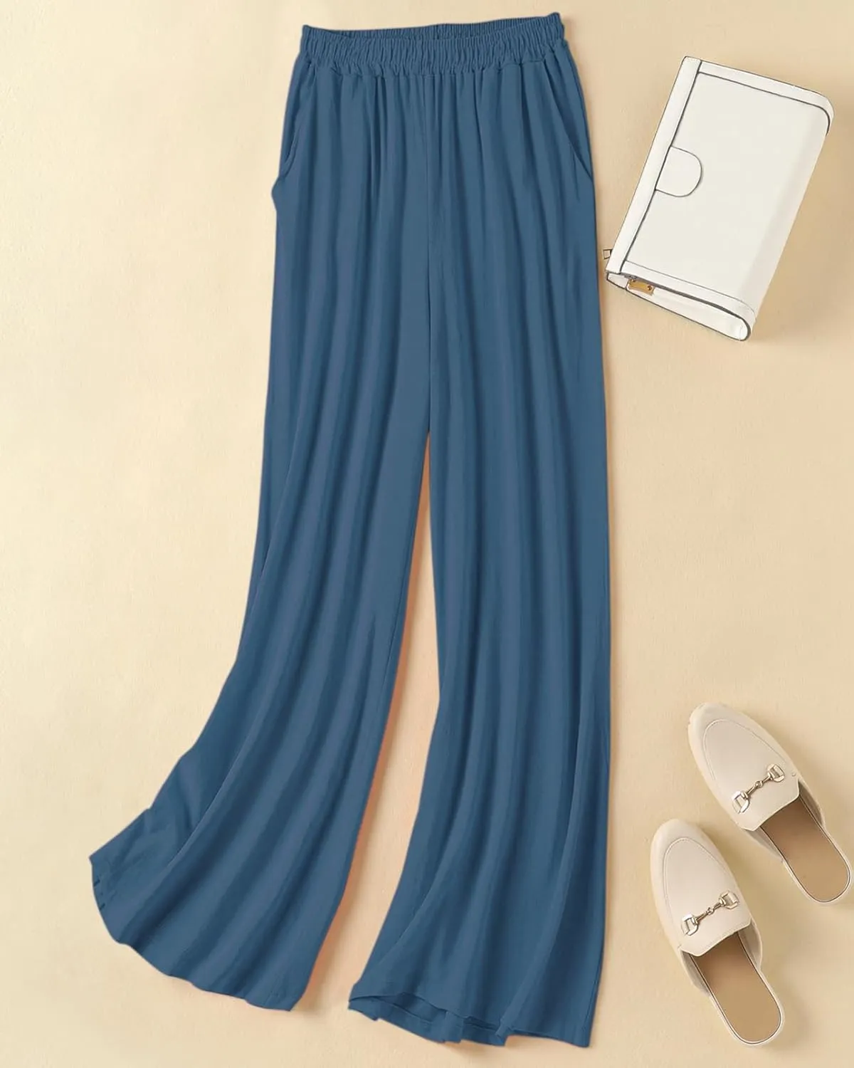 Womens Plus Size Linen Pants Wide Leg Palazzo Trousers High Elastic Waist Flowy Culottes with Pockets L 5XL