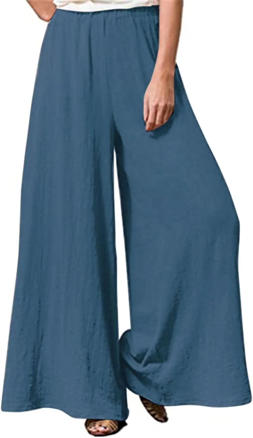 Womens Plus Size Linen Pants Wide Leg Palazzo Trousers High Elastic Waist Flowy Culottes with Pockets L 5XL